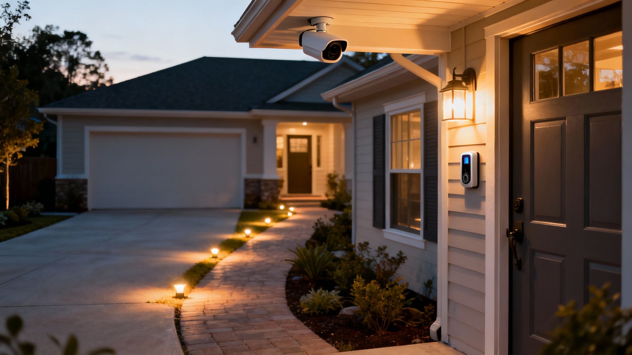 A modern home at dusk with smart security features: camera, doorbell, and lit pathway.