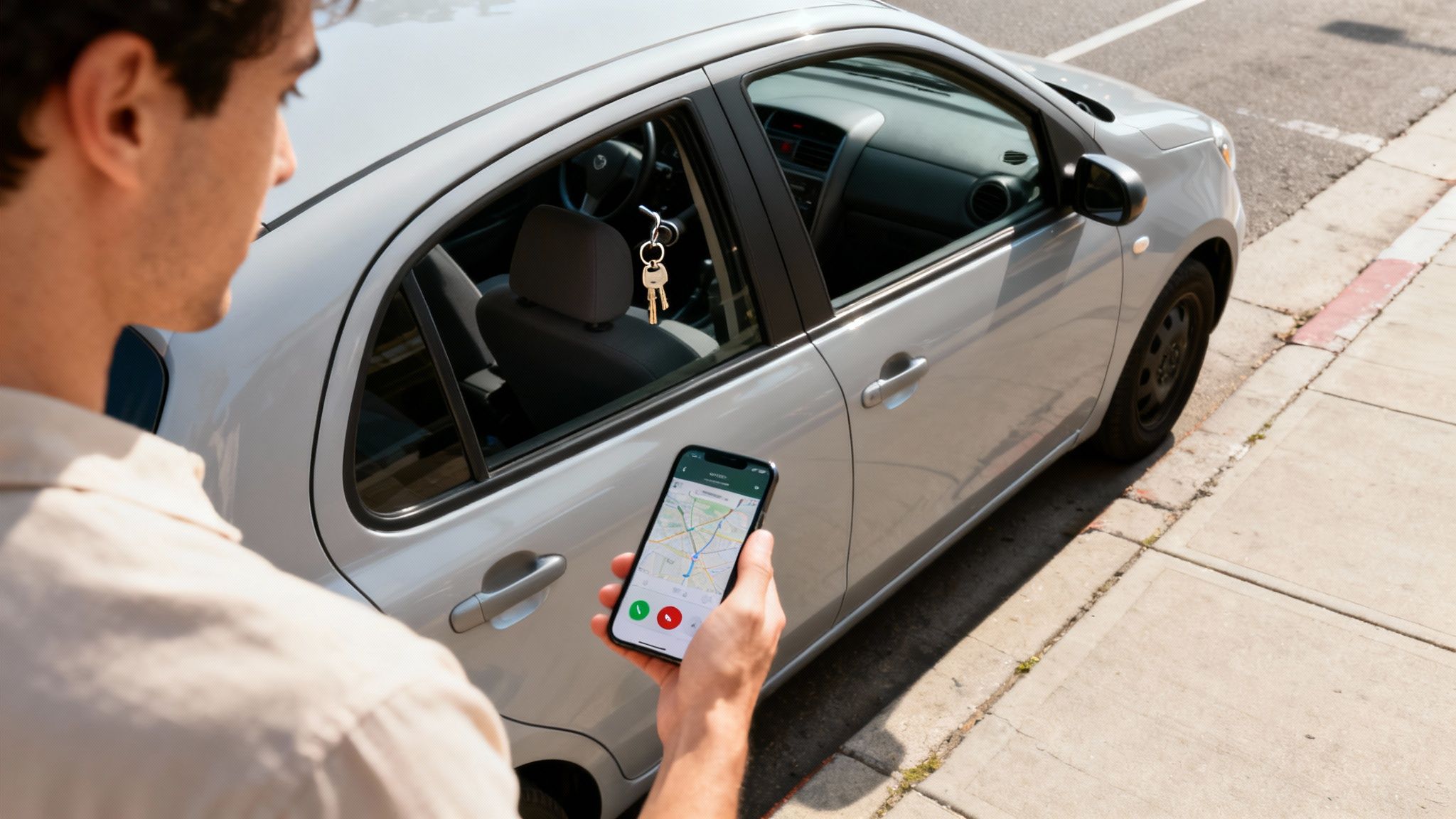 A man uses a smartphone app with a map to unlock a silver car, keys visible inside.
