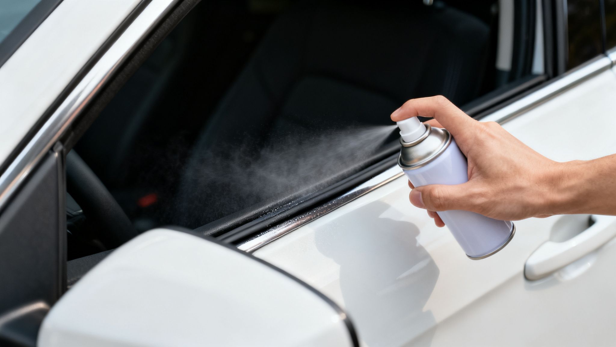 A person's hand sprays a protective or de-icing solution onto a white car's window seal.