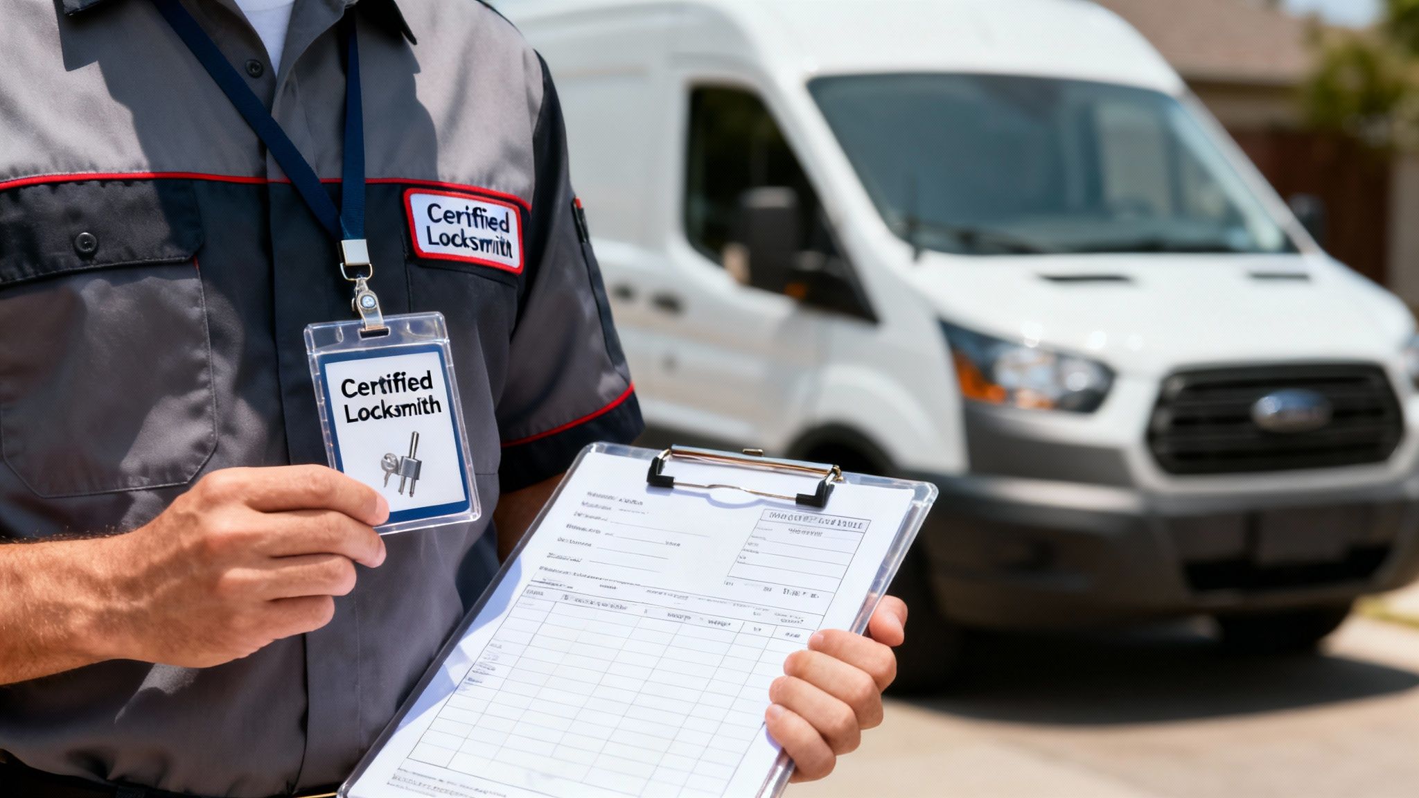 A certified locksmith in uniform holds an ID badge and clipboard in front of a service van.