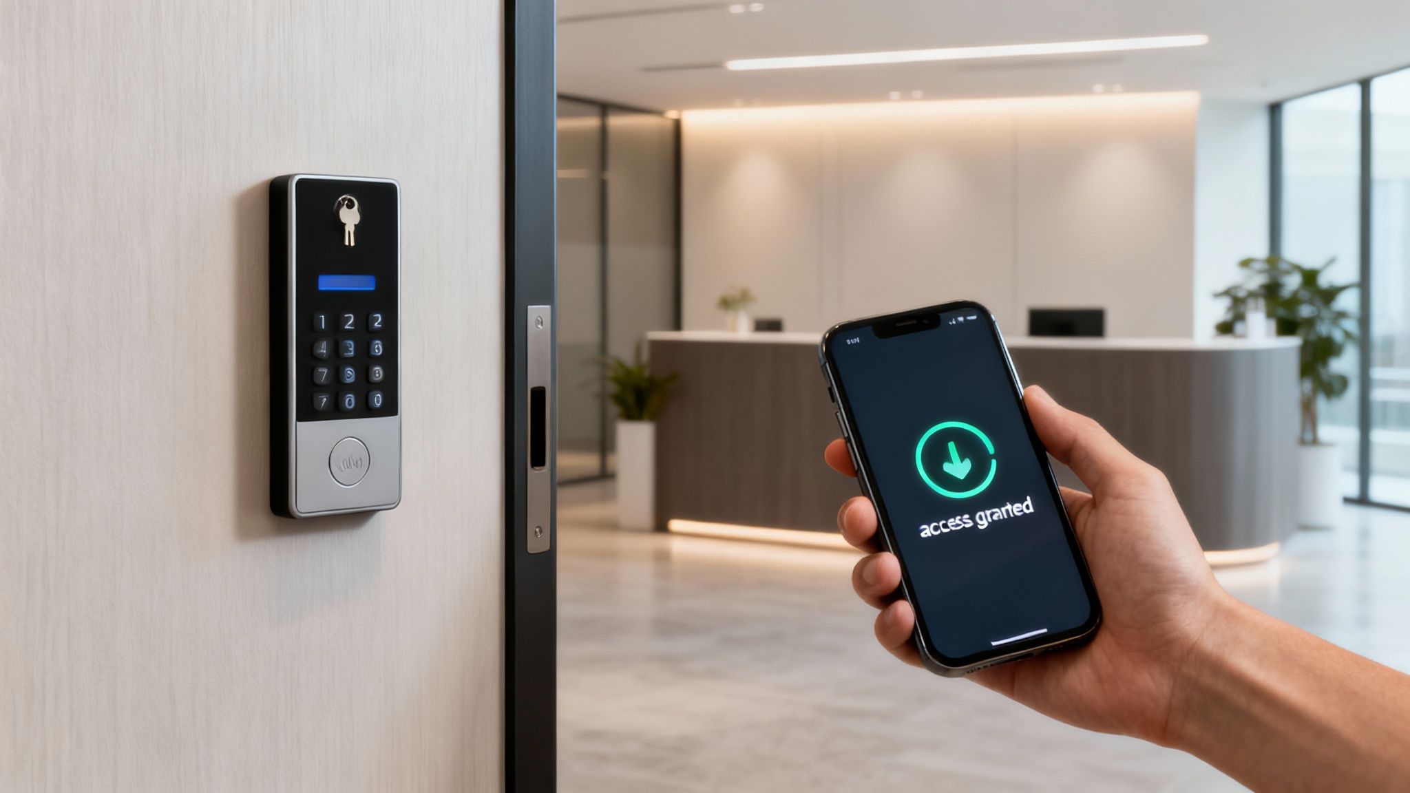 Hand holding a smartphone showing 'access granted' to a modern digital door lock in an office.