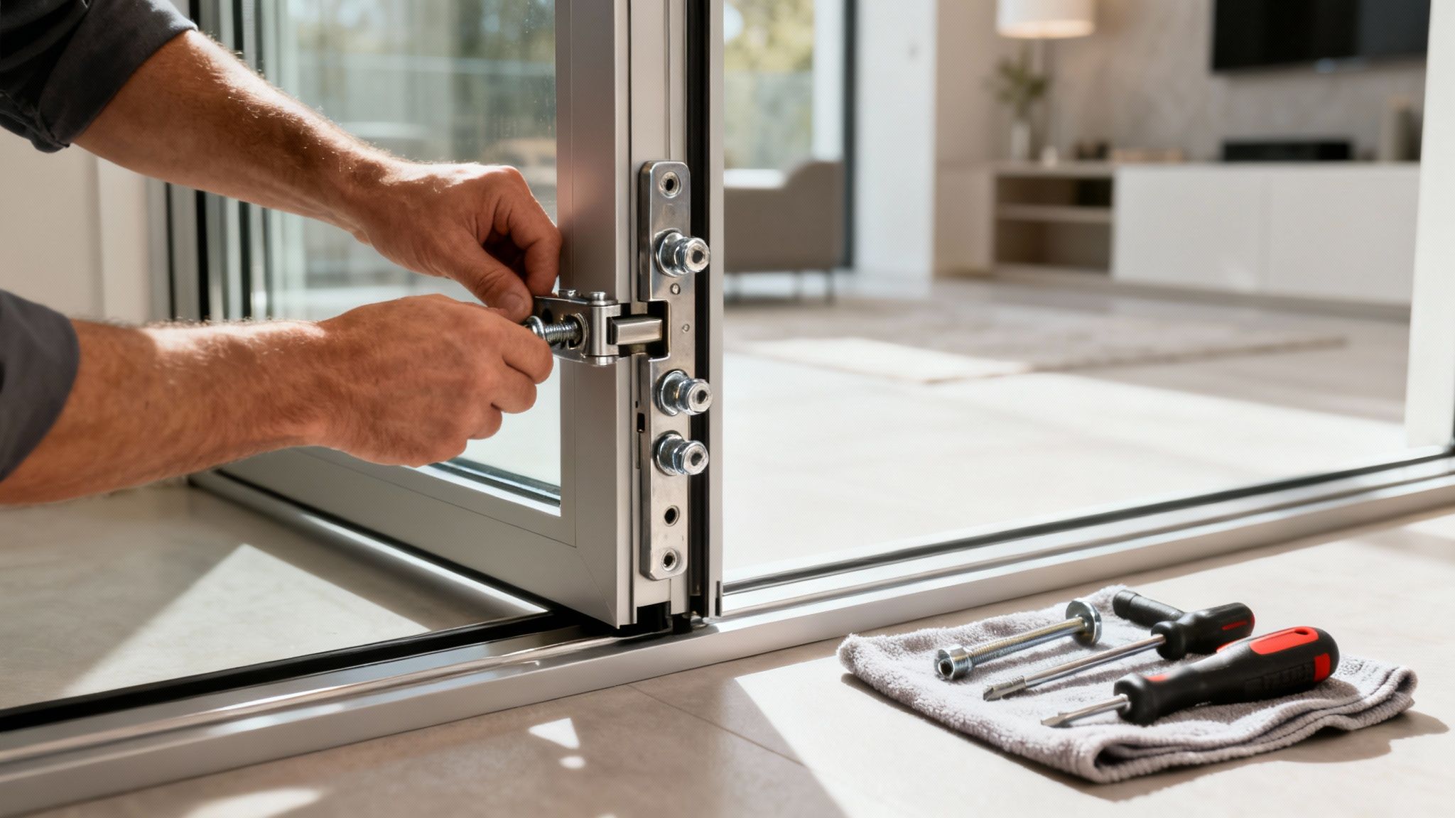 Close-up of hands installing a lock mechanism on a modern sliding glass door, with tools nearby.