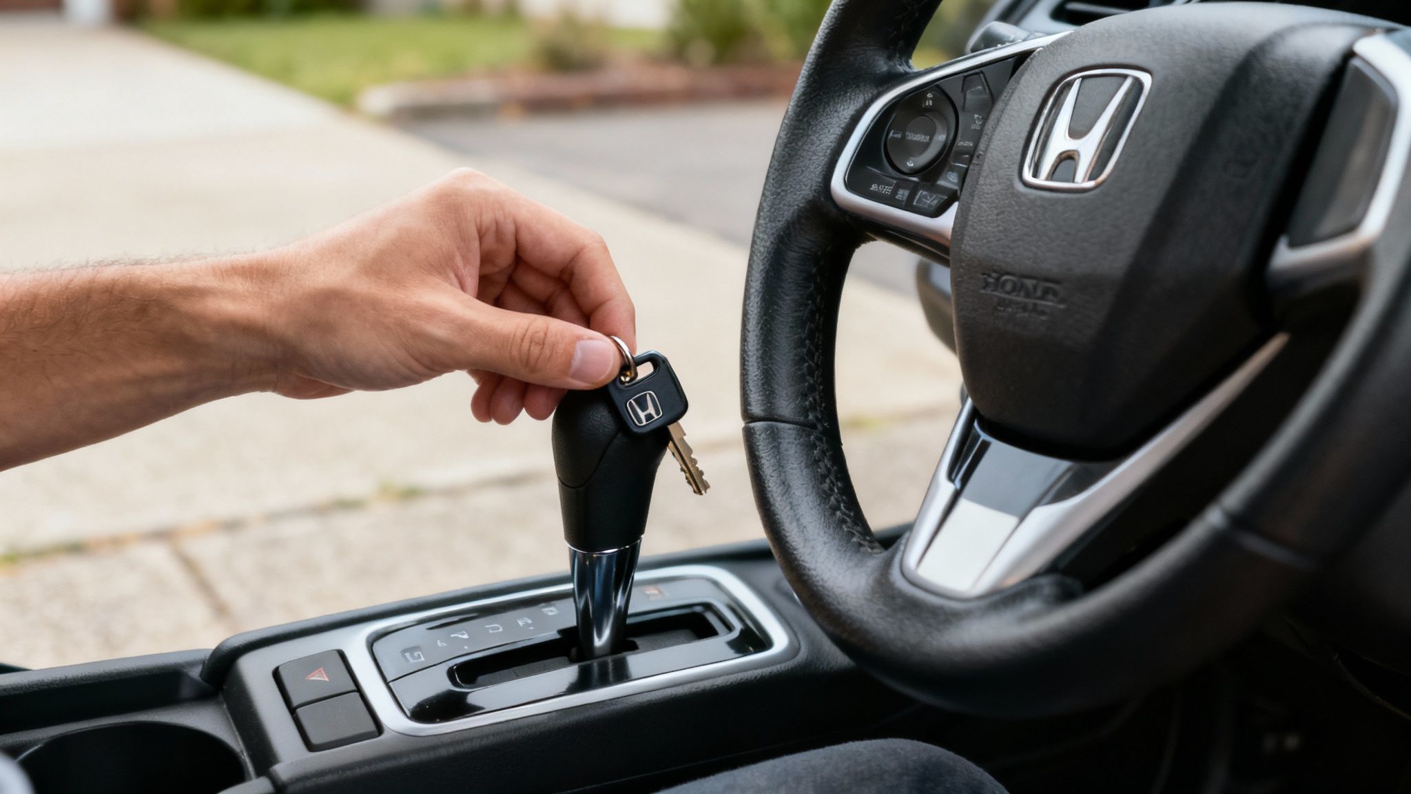 A person's hand holding a Honda car key above the car's gear shift and steering wheel.