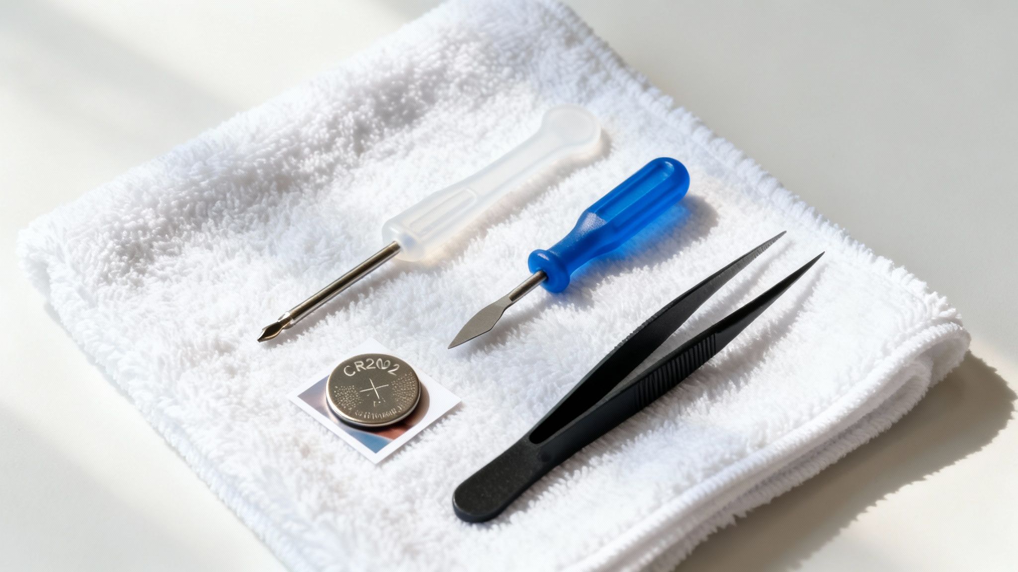 Tools for car key fob battery replacement, including screwdrivers, tweezers, and a CR2032 battery.