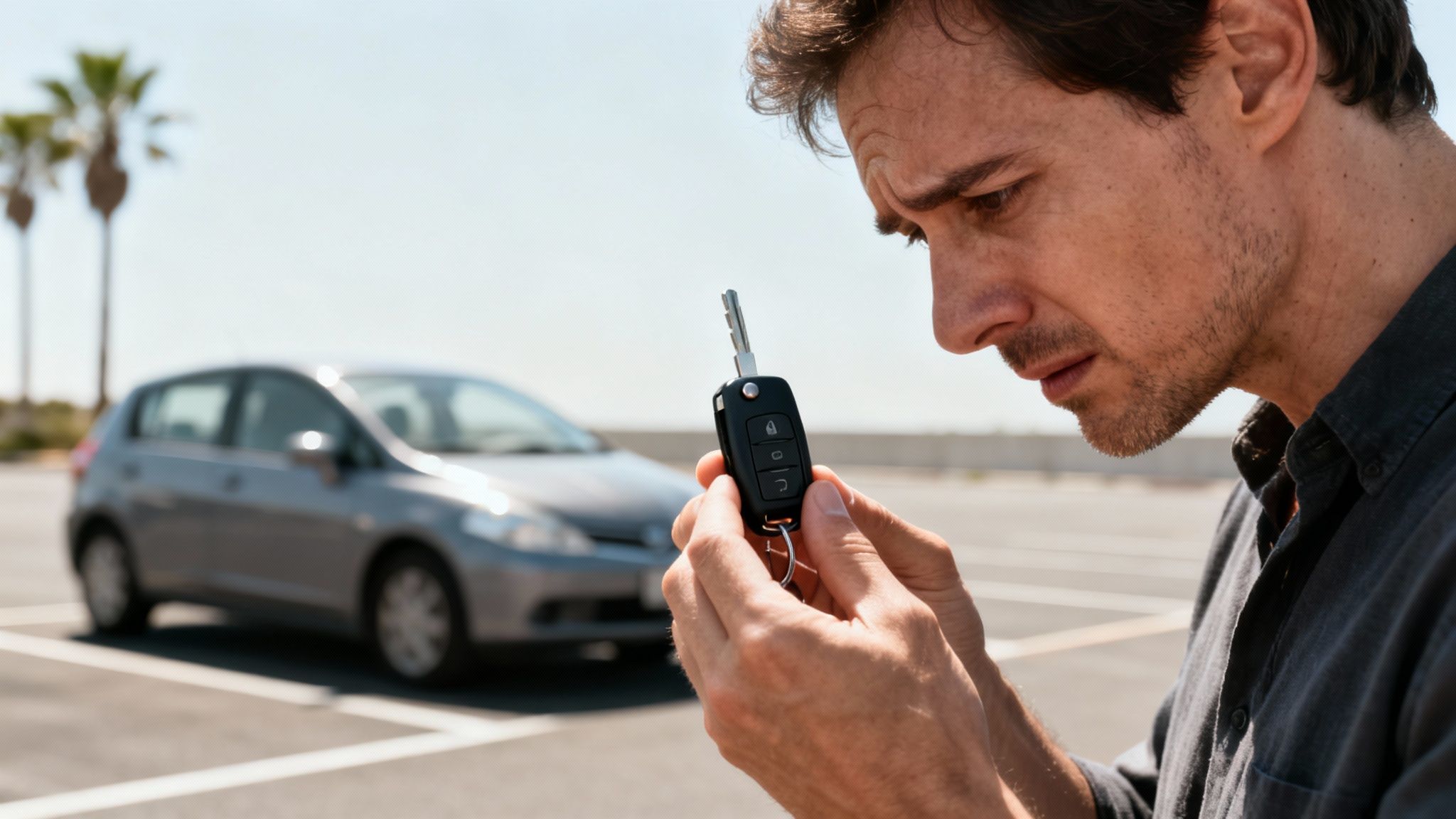 Close-up of a man holding a car key fob, looking confused in a parking lot.
