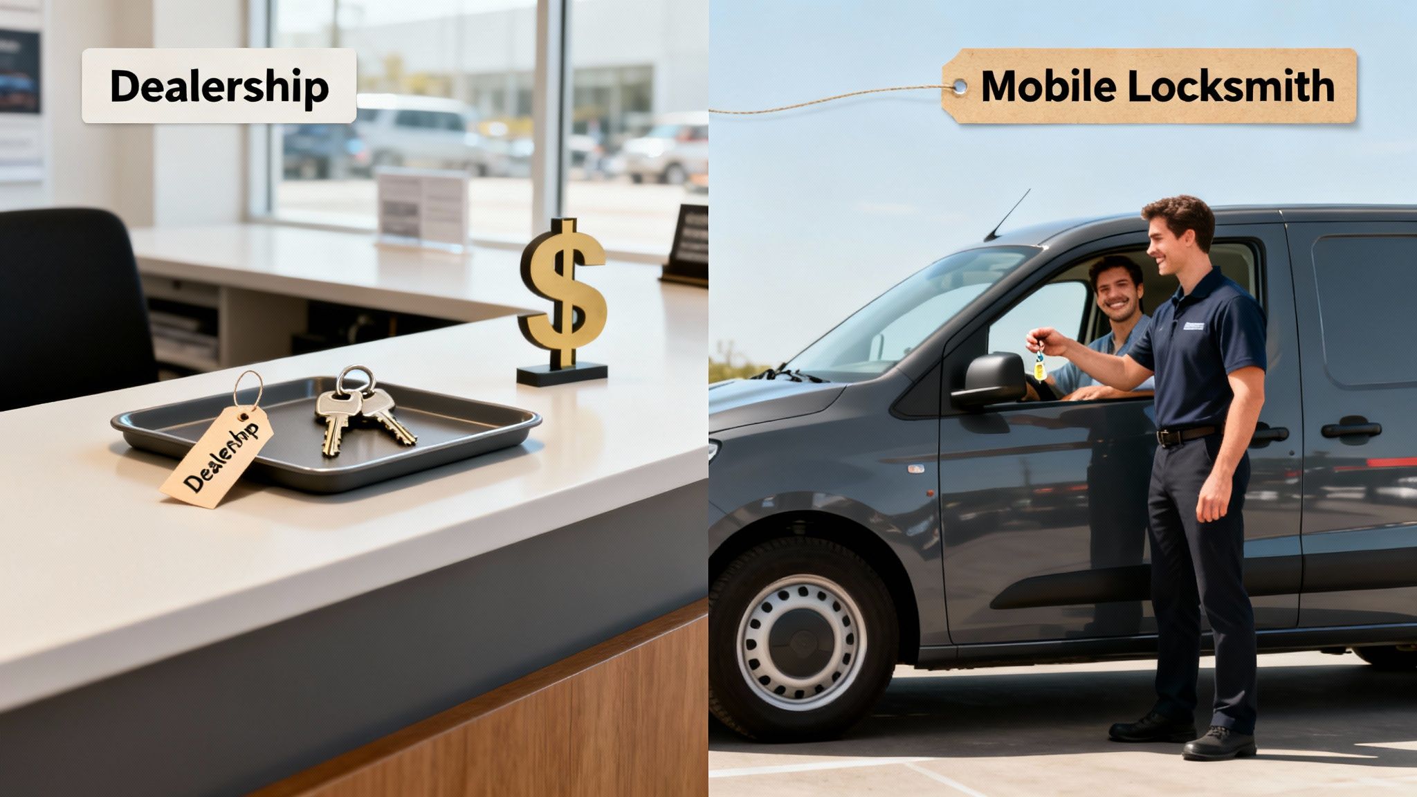 Comparison showing car keys on a dealership counter versus a mobile locksmith providing keys to a customer.