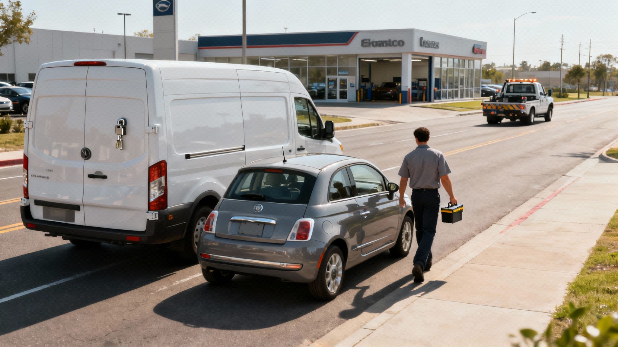 A mechanic with a toolbox approaches a grey car, next to a white van with keys on its door.