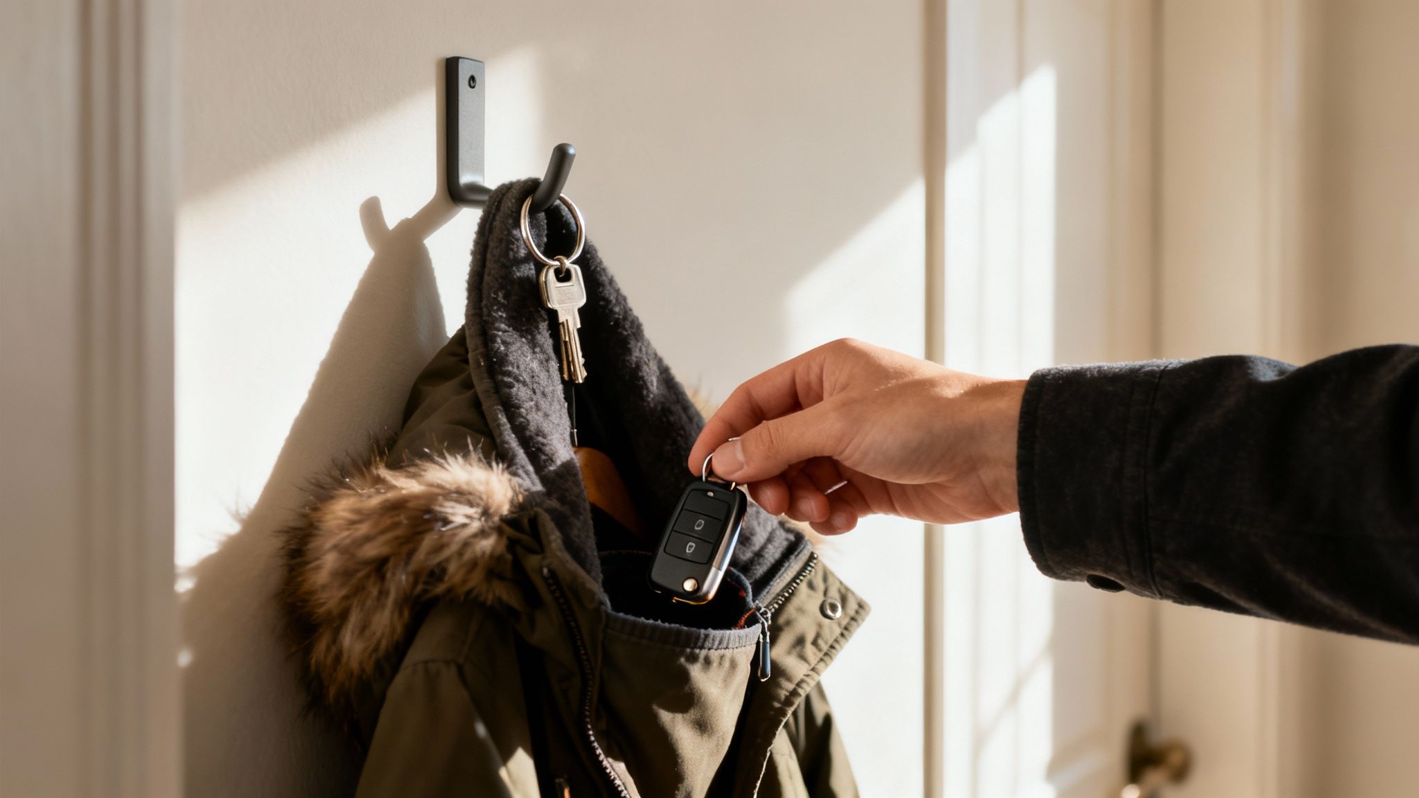 A person's hand retrieves car keys from a coat pocket hanging on a wall hook.