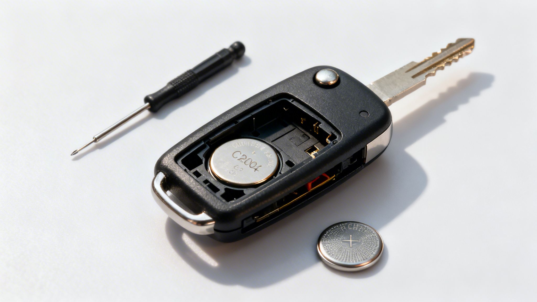 Car key fob battery replacement, showing an open key with a coin battery and a screwdriver.