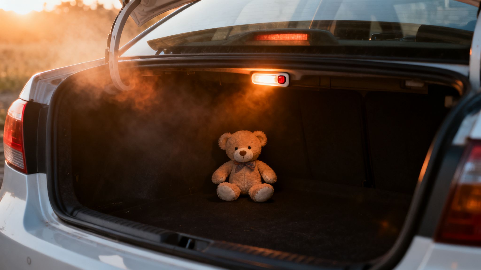 A cute brown teddy bear sits in the open trunk of a white car, illuminated by an orange glow.