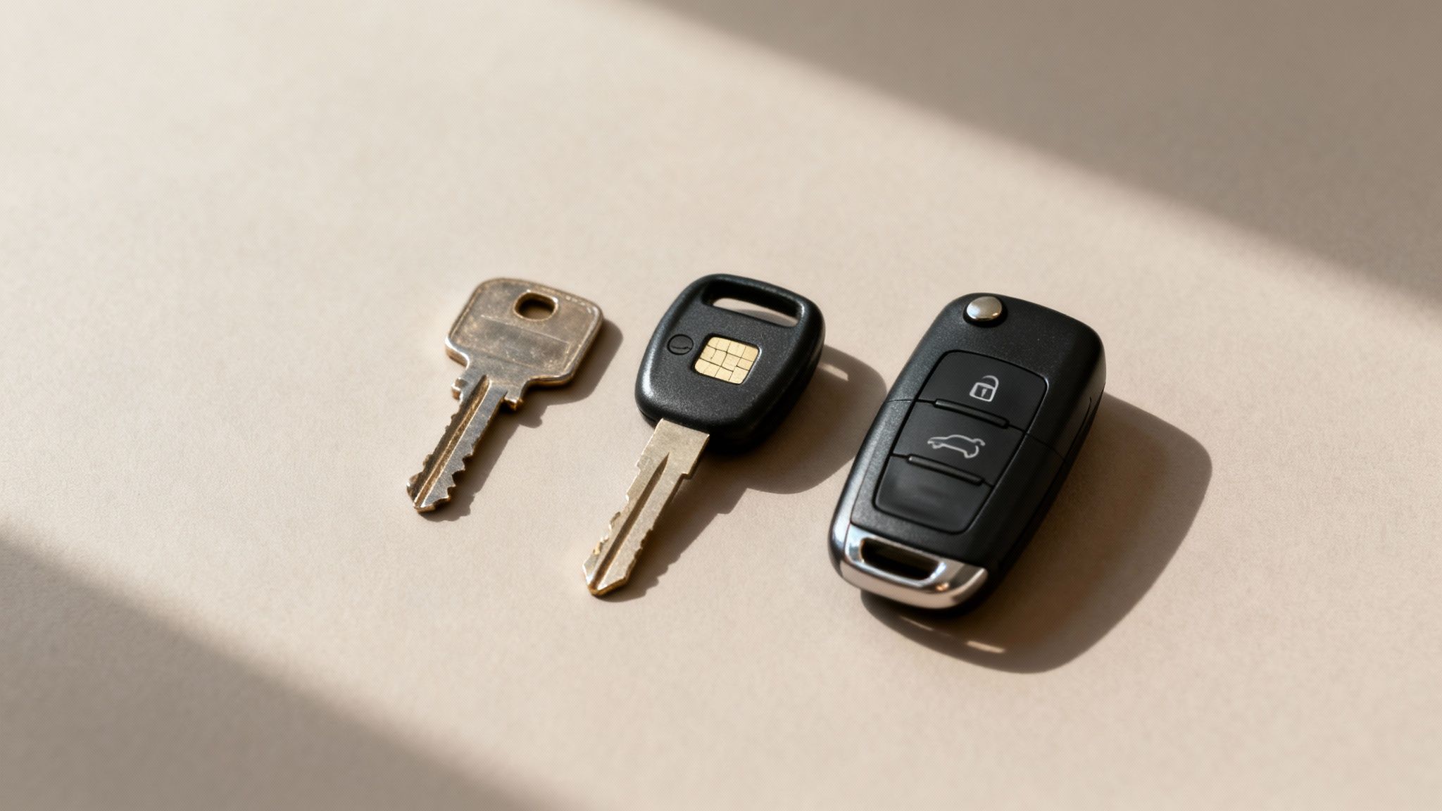Three keys: a traditional metal key, a transponder car key, and a modern car remote fob.
