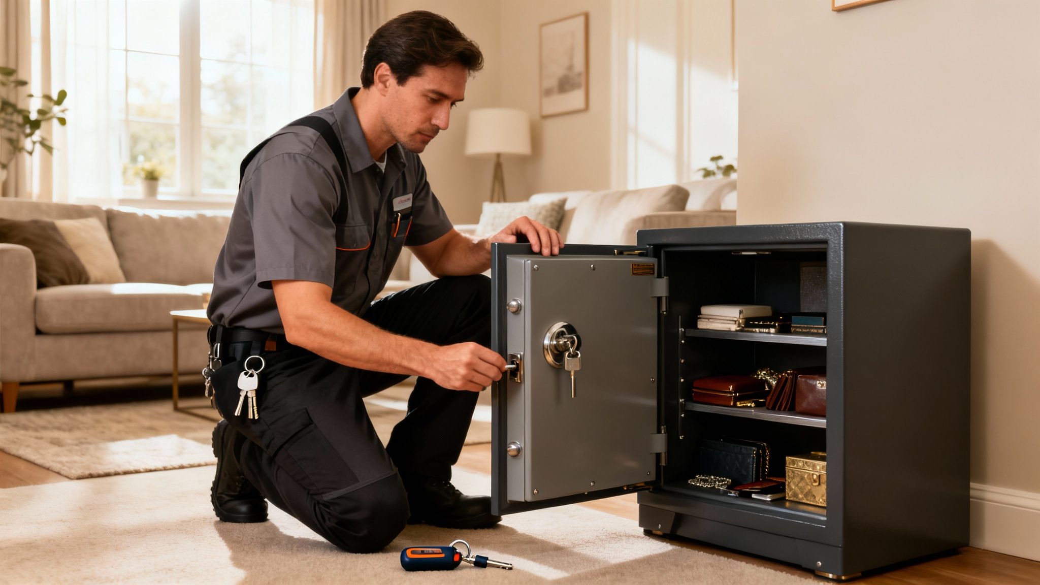 A male locksmith in uniform kneels, carefully using a key to open a dark grey safe in a home.