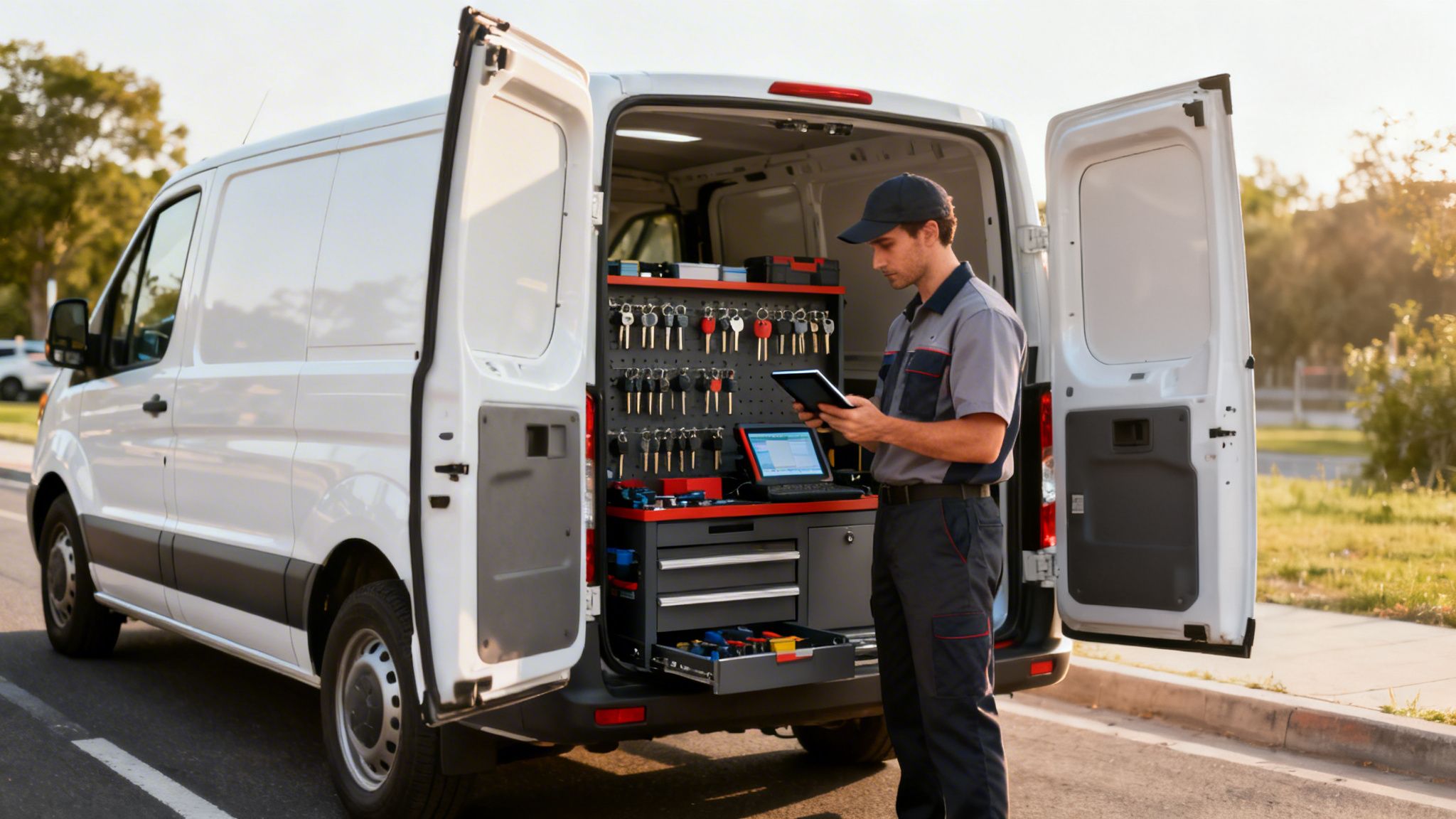 A service technician works on a tablet next to his custom-fitted van with keys and tools.