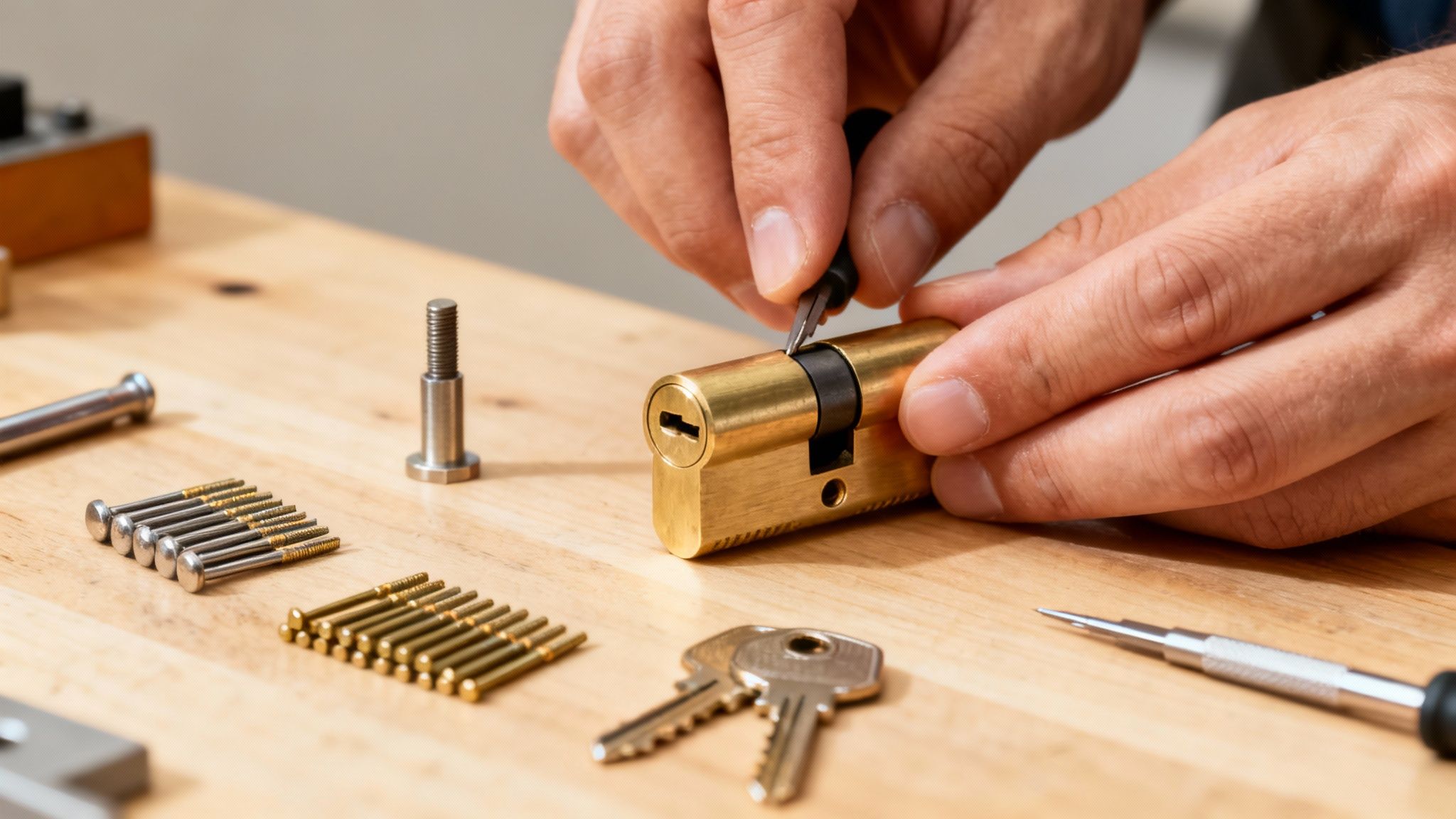 Close-up of hands rekeying a brass lock cylinder on a wooden workbench with tools and pins.
