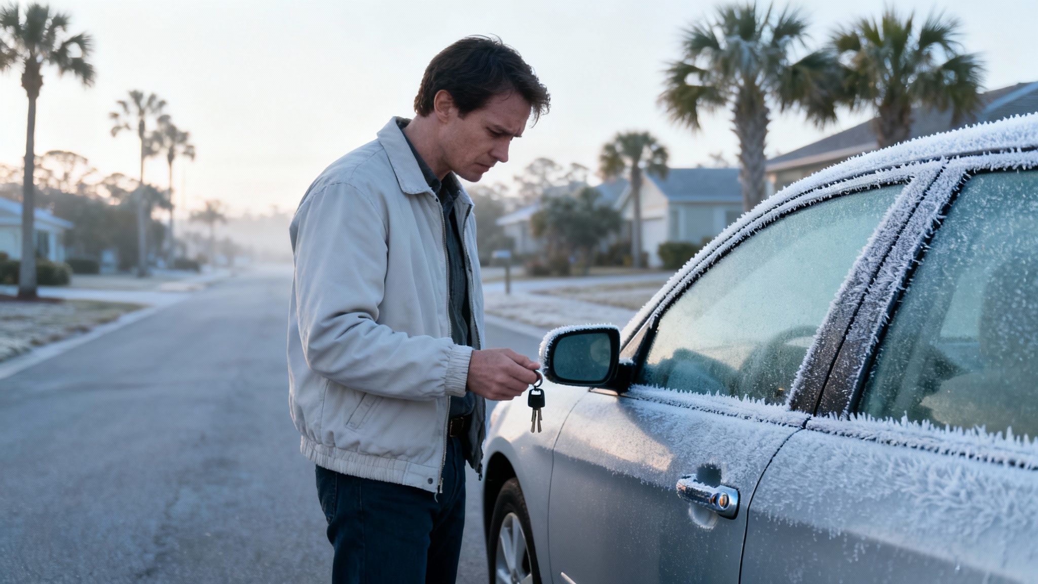 A man holding car keys stands next to his silver car, covered in a thick layer of frost on a cold morning.