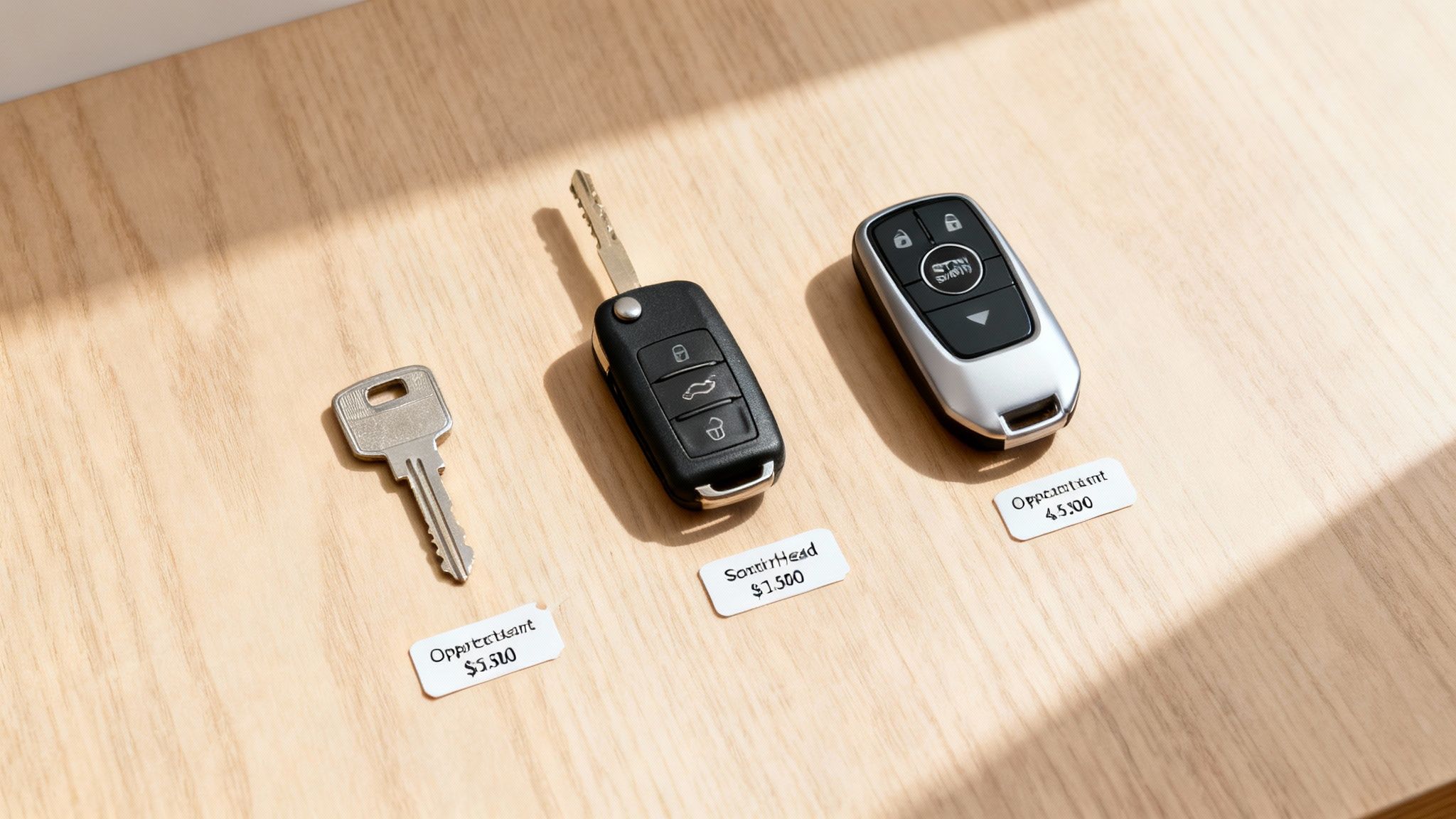 Three car keys: a traditional, a flip remote, and a smart fob, with price tags, on wood.