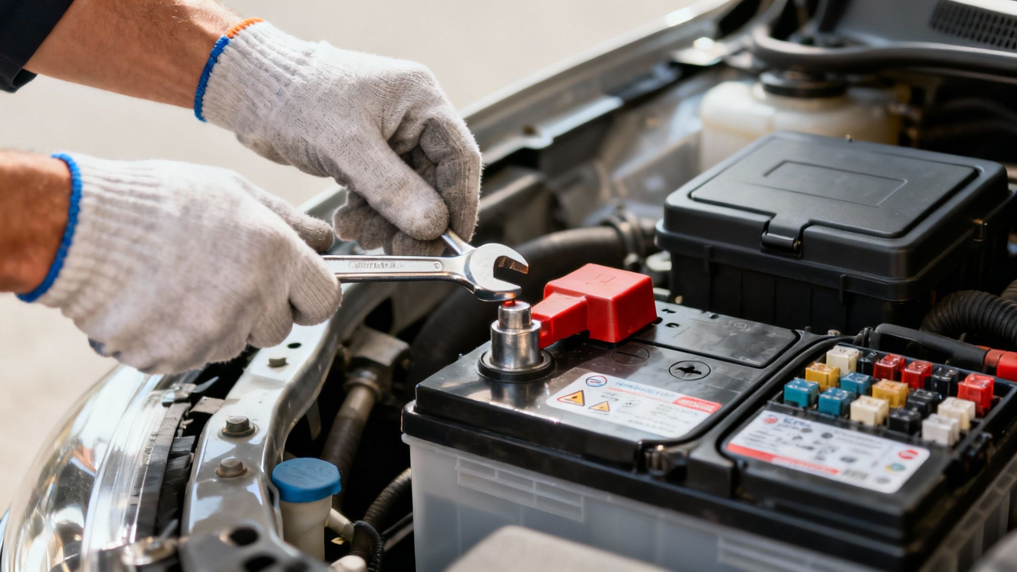 A person in white gloves uses a wrench to tighten a terminal on a car battery.