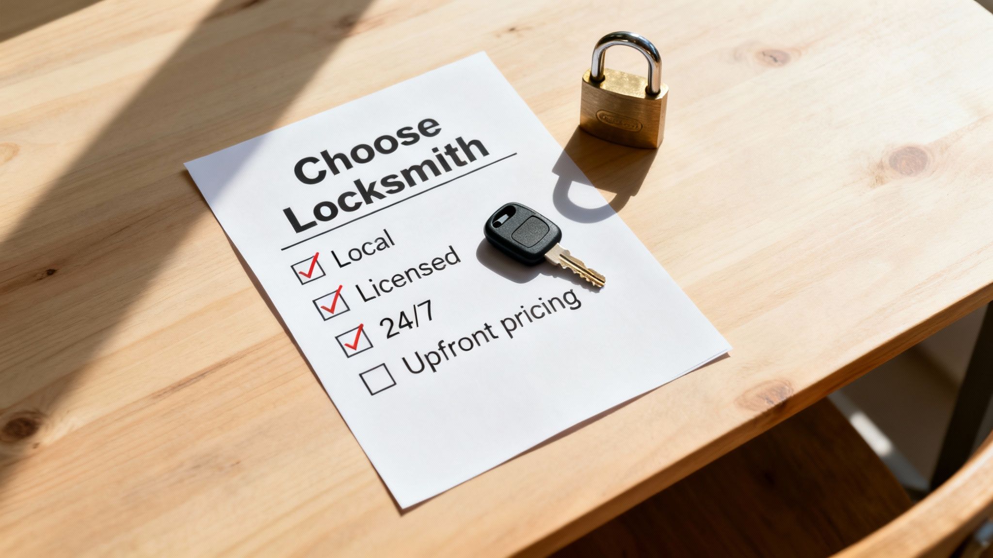 Checklist to choose locksmith with local, licensed, 24/7 checked, alongside a car key and padlock.