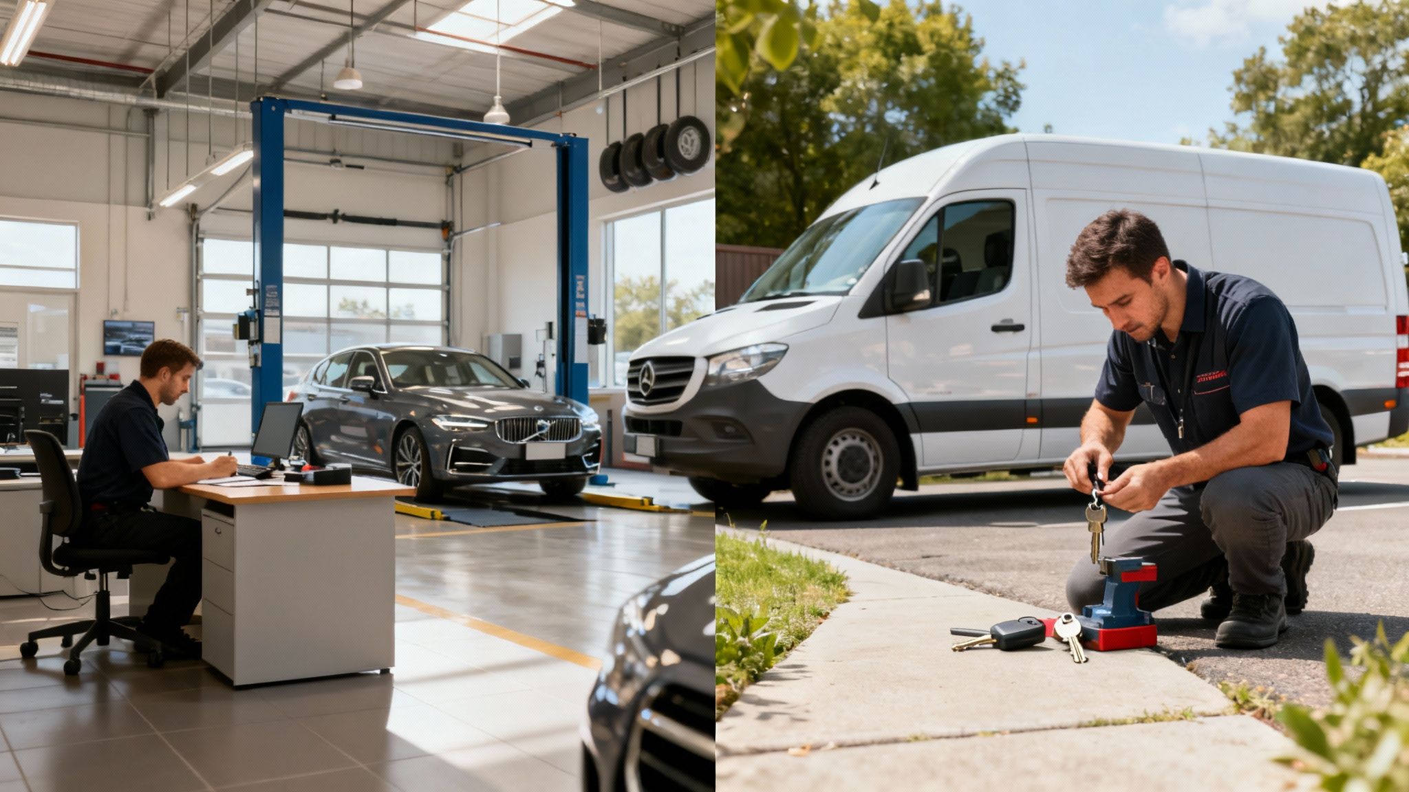 Two scenes: a mechanic at a desk in a car garage and a technician programming car keys outdoors.