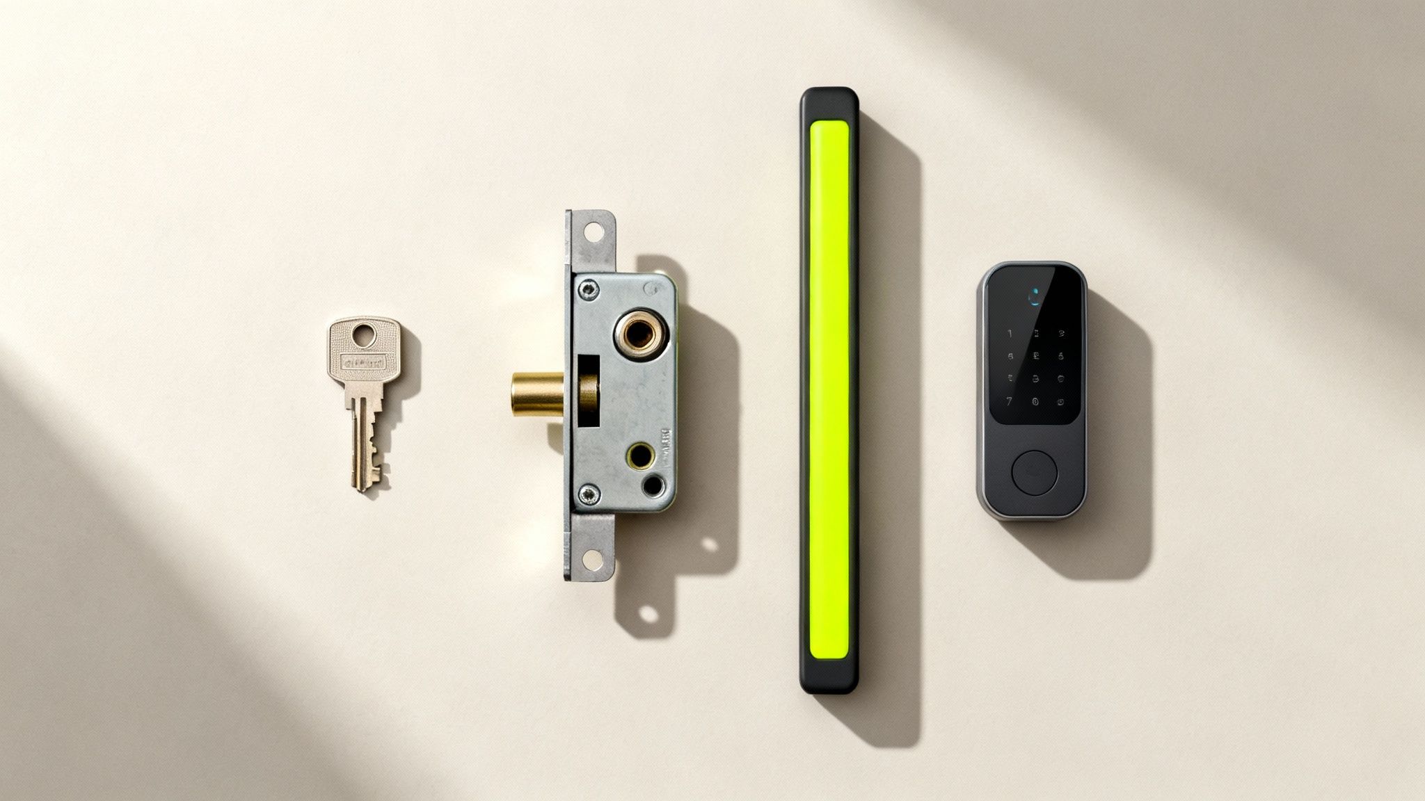 Various door security elements: a traditional key, a mortise lock, a smart handle, and a smart keypad lock.