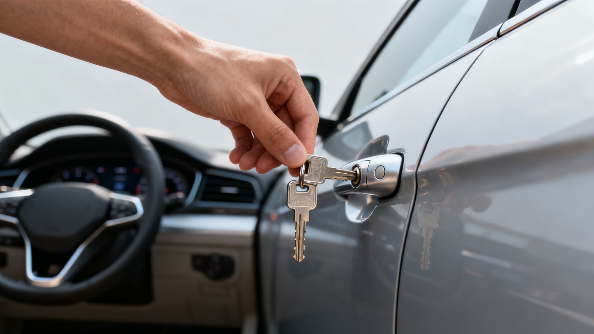 A person's hand inserts a metal key into the door lock of a modern silver car.