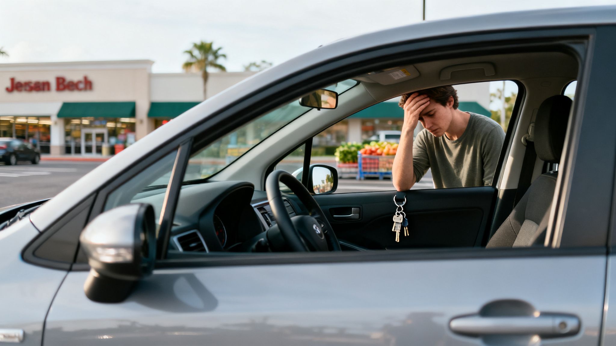 A distressed young man accidentally locked his car keys inside his grey car in a parking lot.