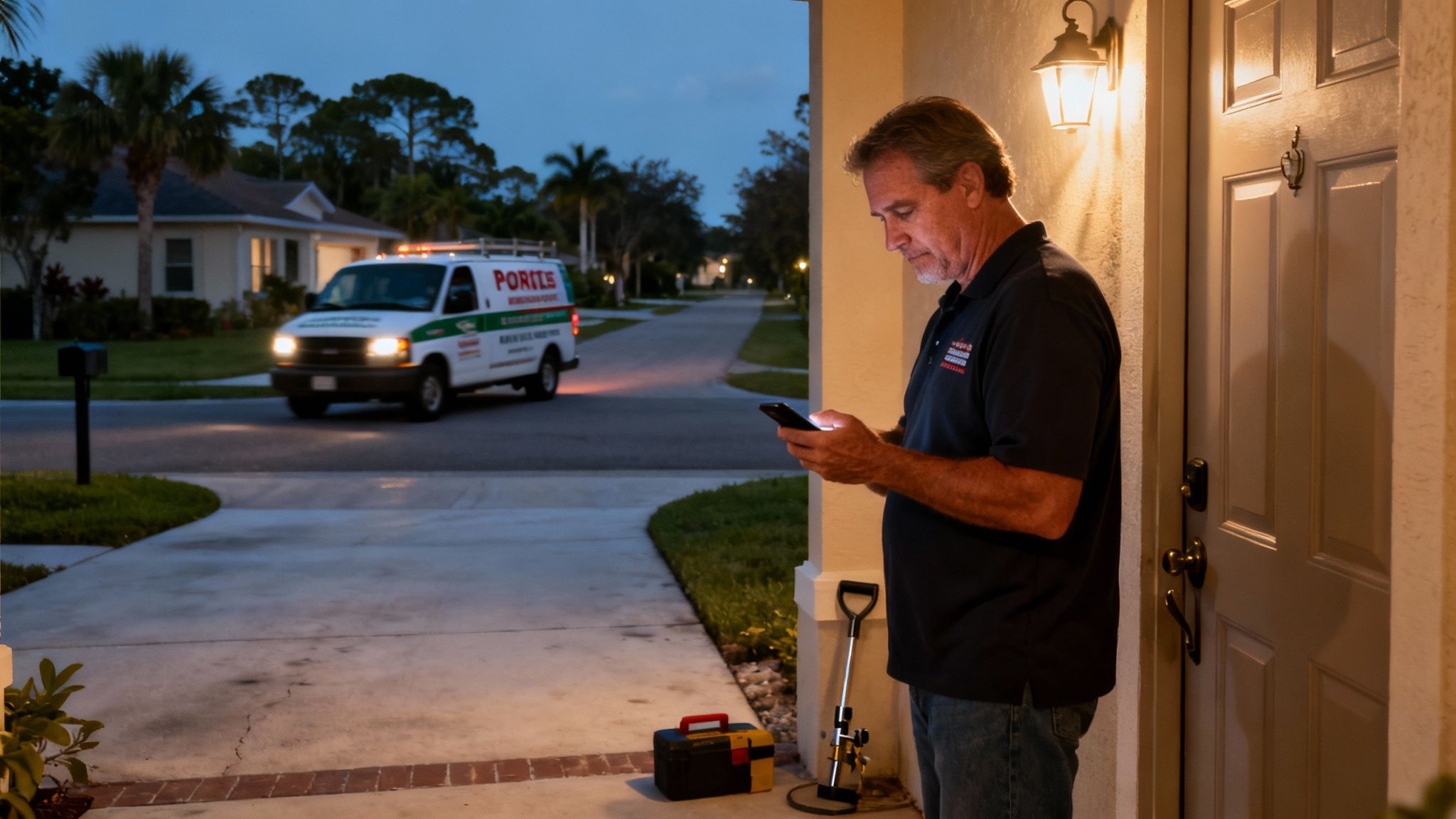 A service technician uses a smartphone on a porch as a van approaches at dusk.