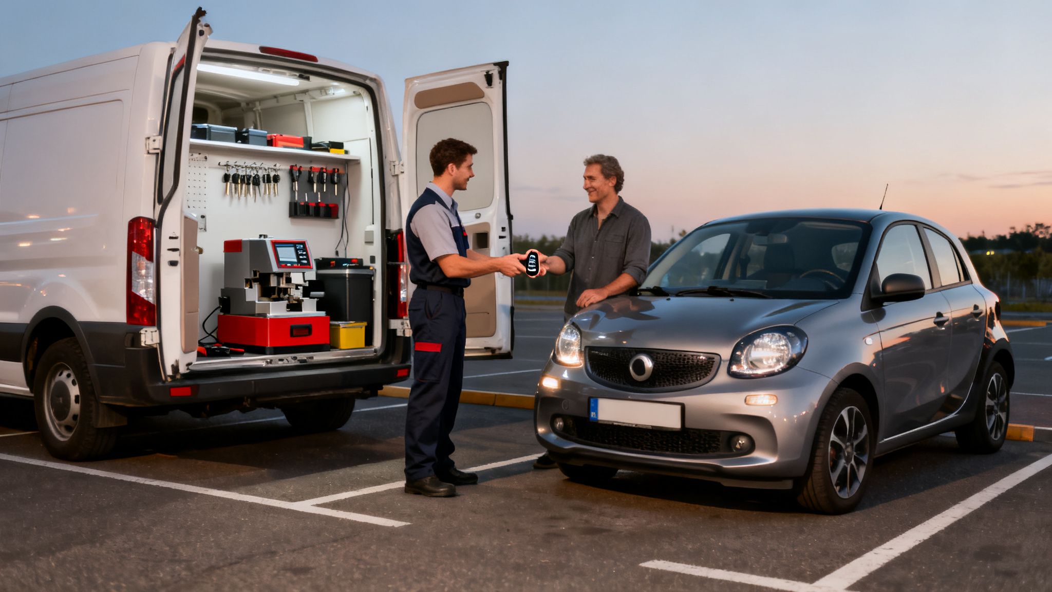 A mobile locksmith in uniform hands a newly cut car key to a smiling customer in a parking lot.