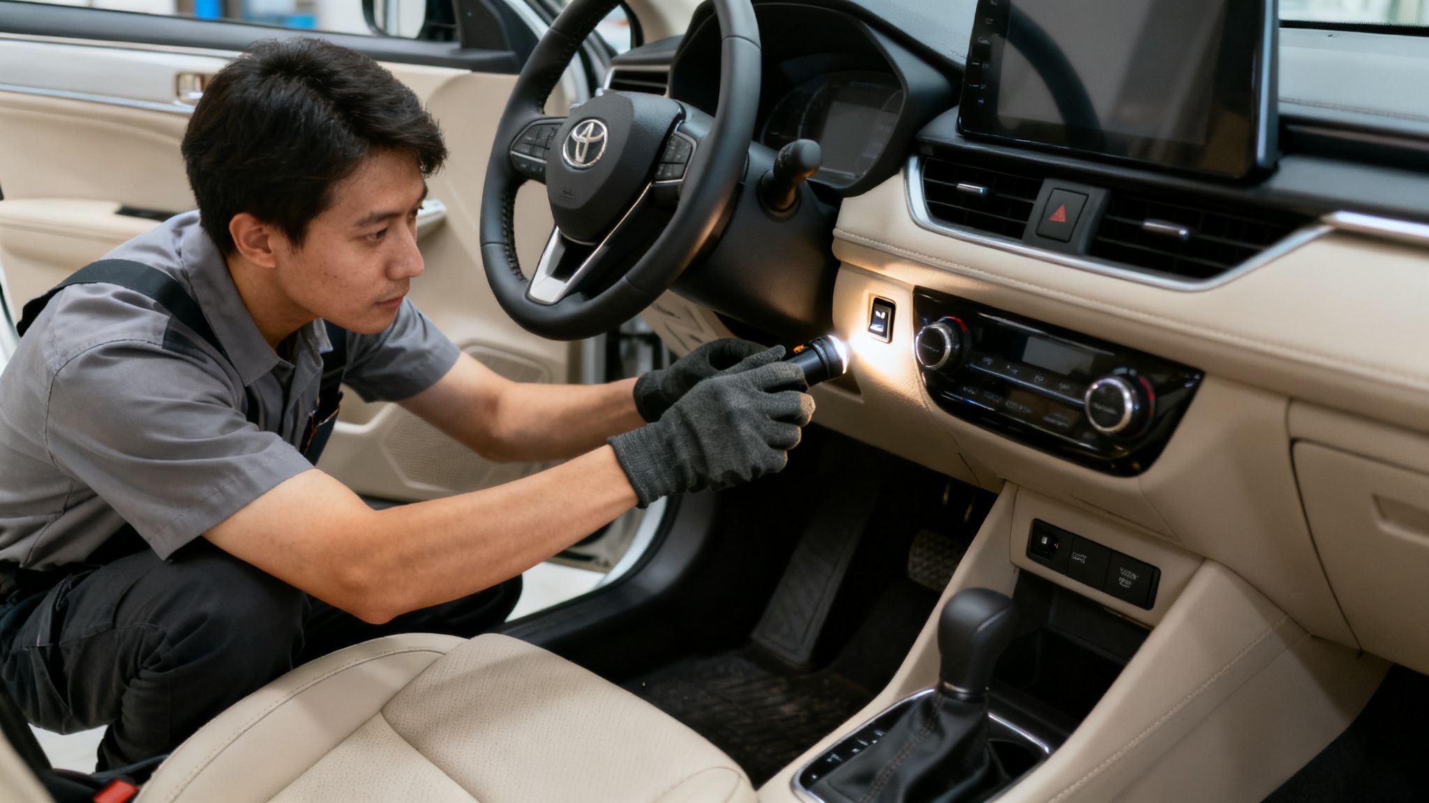 A diligent car mechanic inspecting a vehicle's dashboard with a bright flashlight.