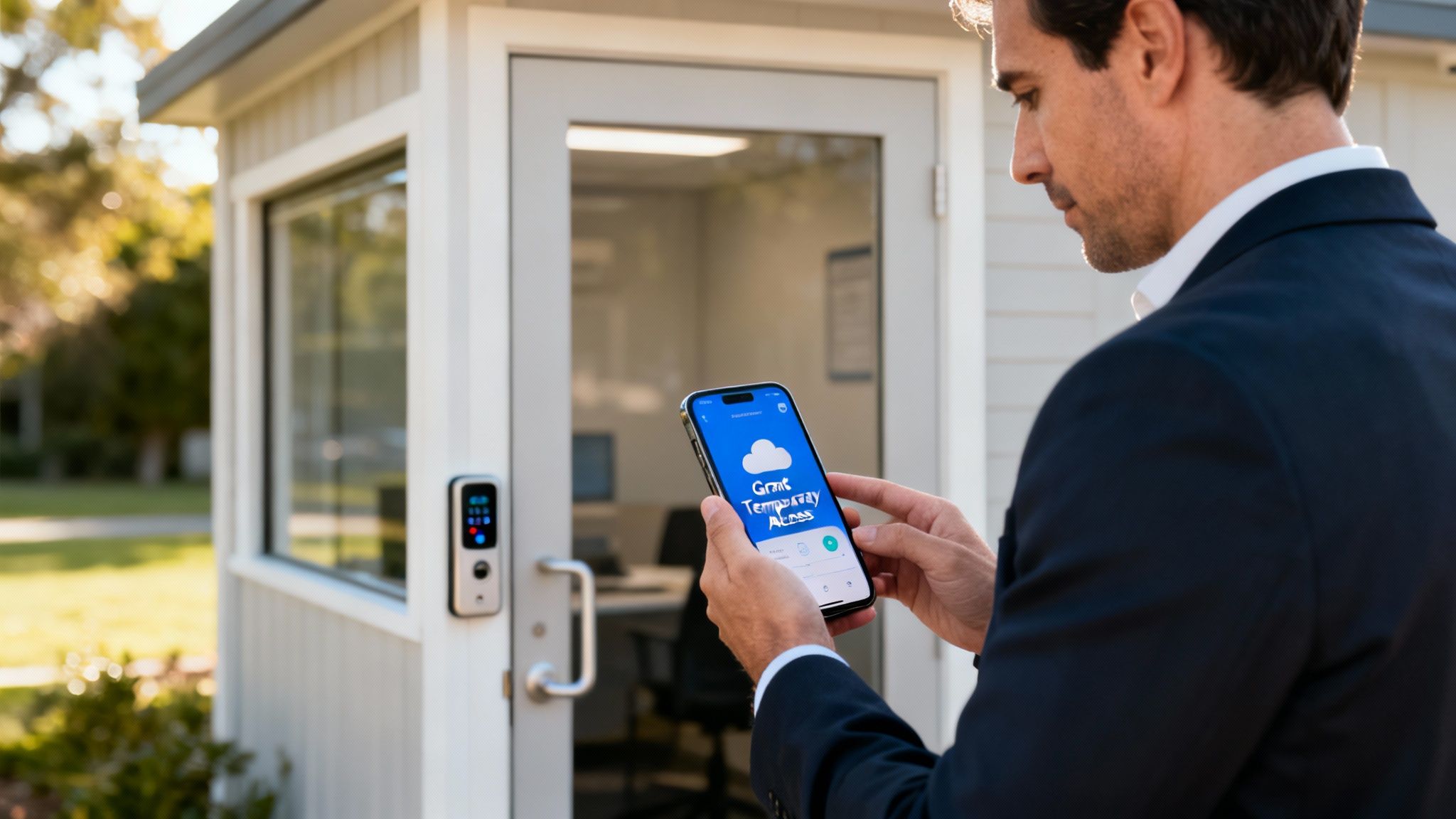 Man uses a smartphone app to grant temporary access, standing by a building with a smart door lock.