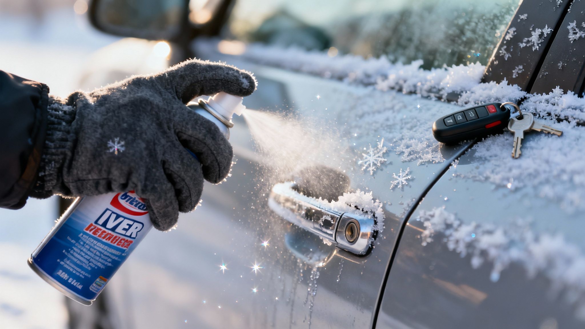 A gloved hand sprays de-icer on a snow-covered car door handle with keys nearby.