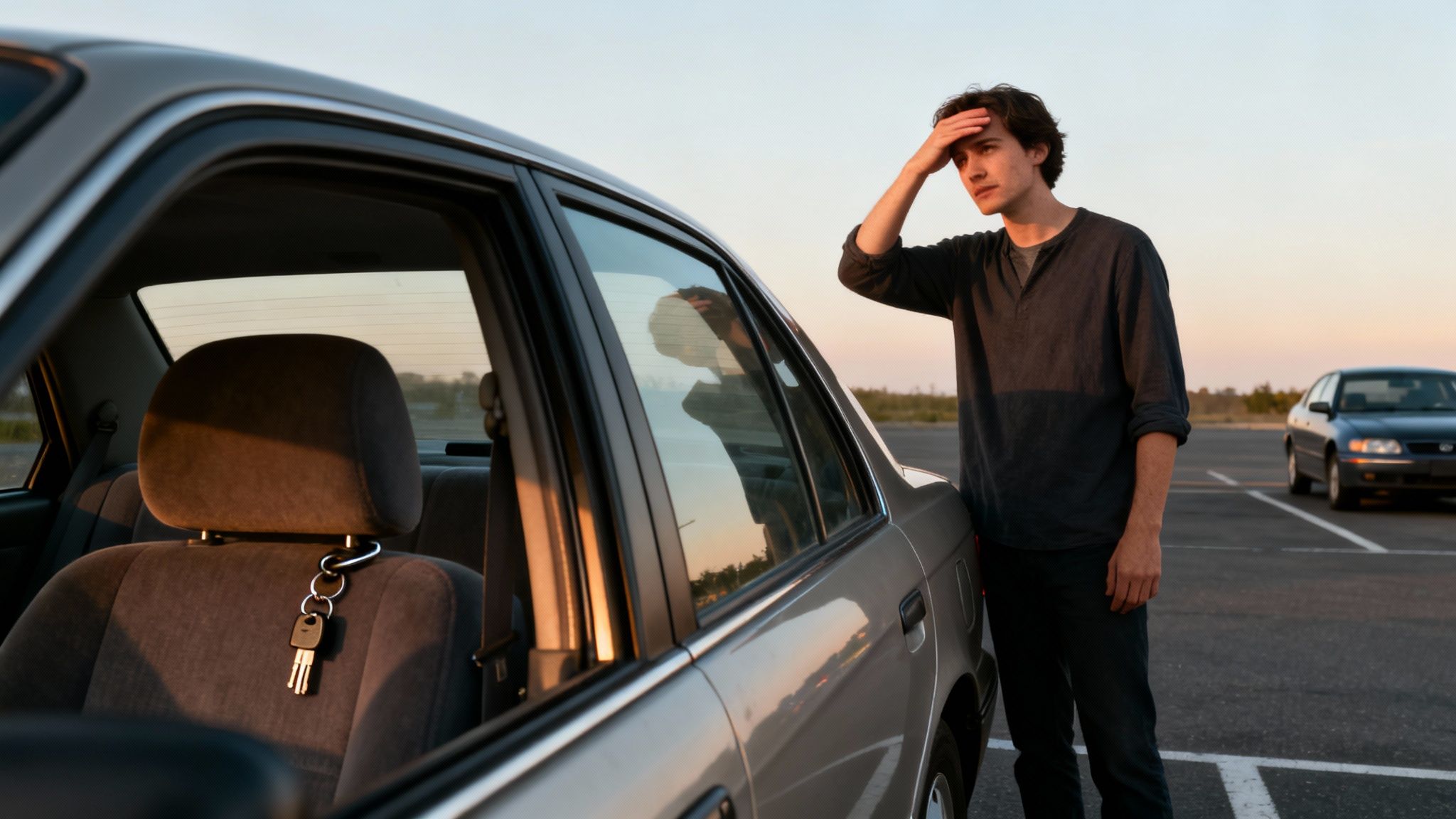 A frustrated man stands by his car, looking distressed with keys locked inside, in a parking lot at sunset.