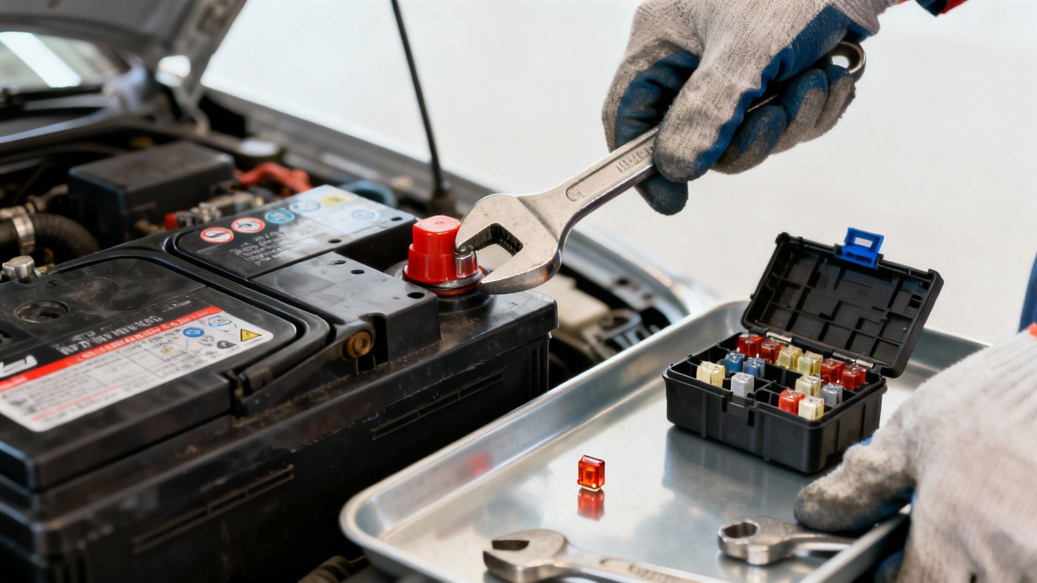 A gloved mechanic tightens a car battery terminal with a wrench, with fuses on a tray.