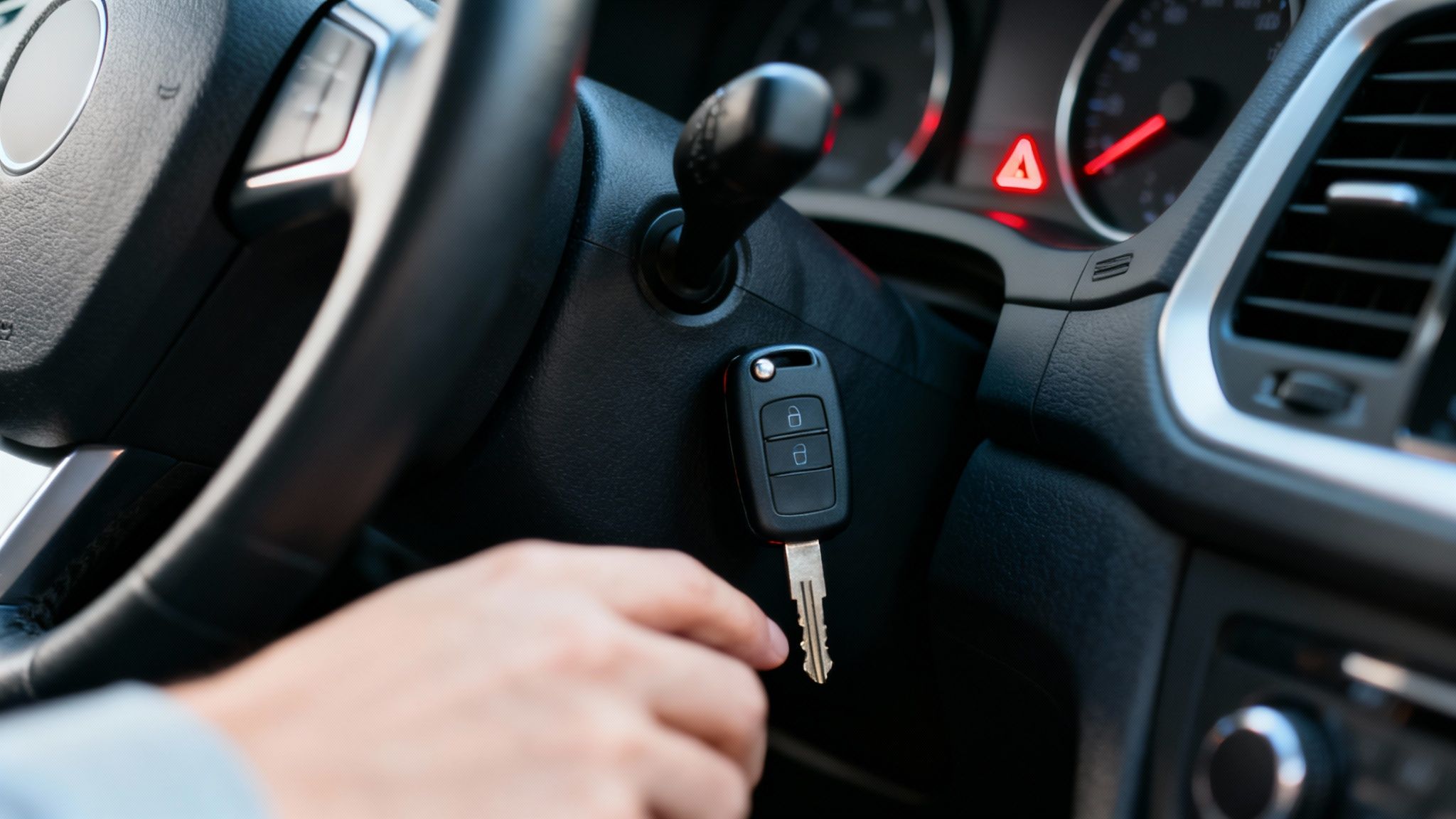 A close-up of a person's hand reaching for a car key inserted in the ignition, with the dashboard in the background.