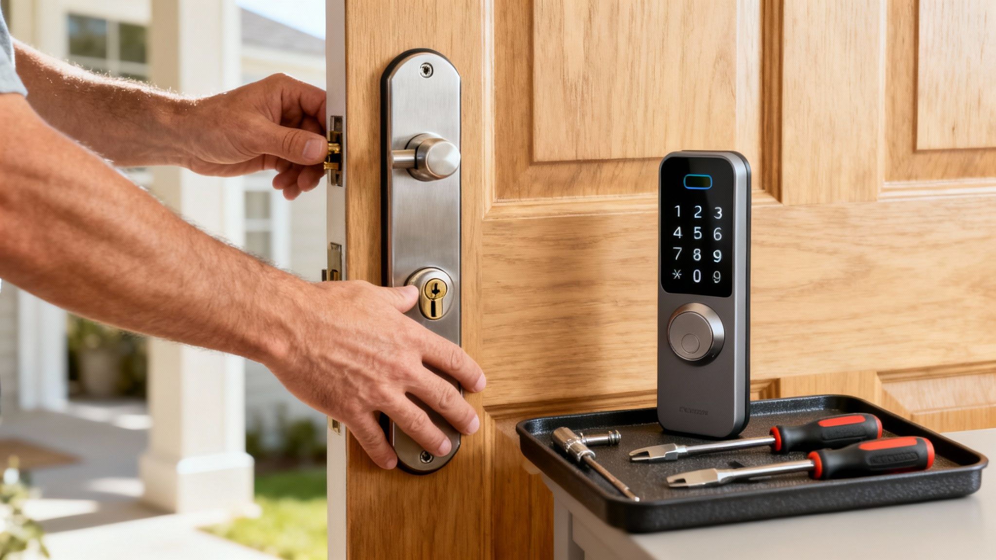 A person's hands installing a new smart lock with a keypad on a wooden door, with tools nearby.