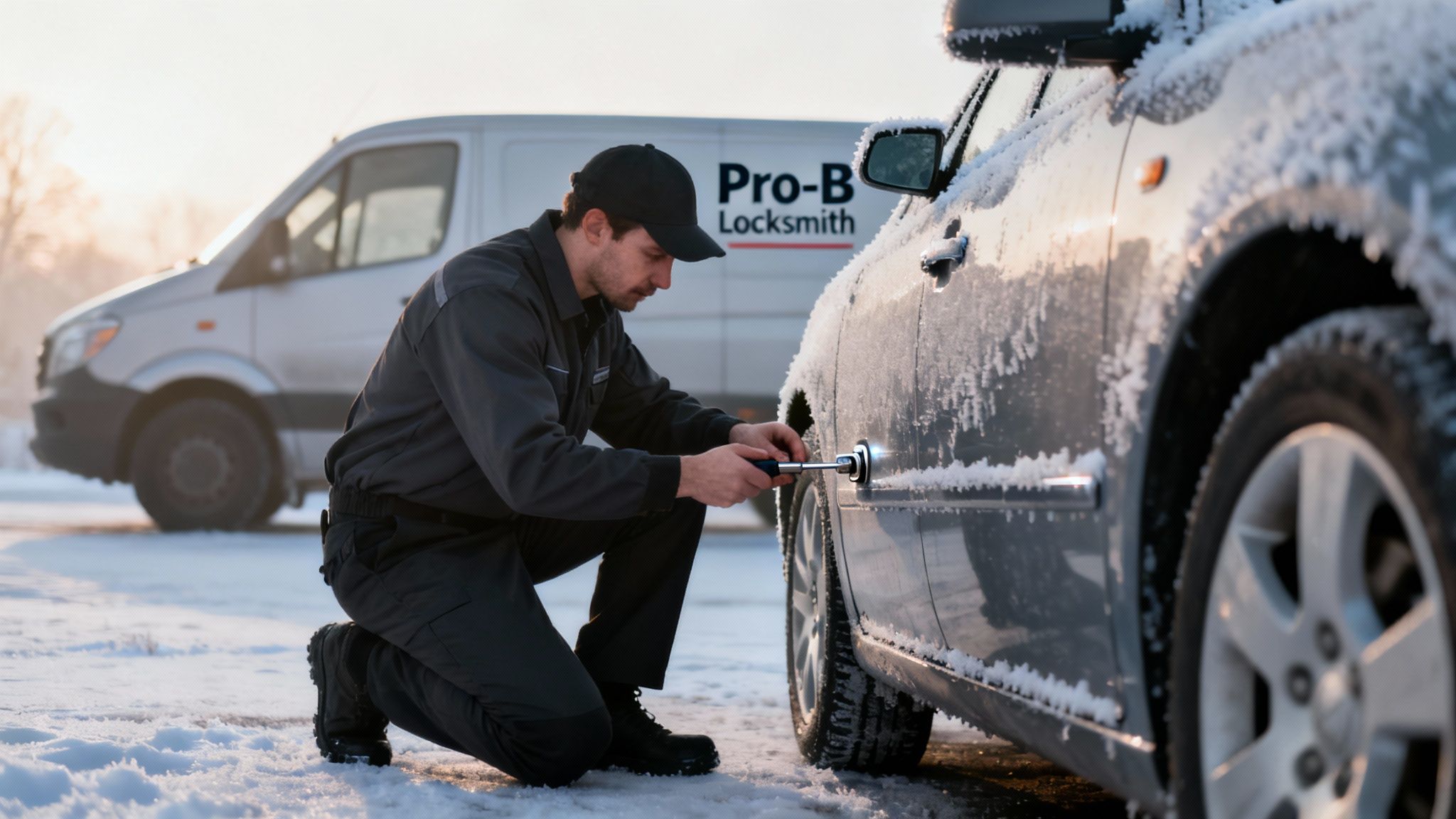 A professional locksmith kneels in the snow, using a tool to fix a frozen car door lock.