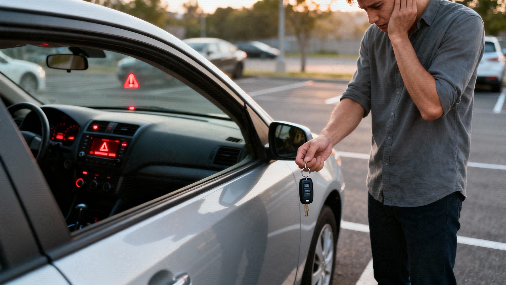 A confused man holds car keys next to his car, which has hazard lights blinking.