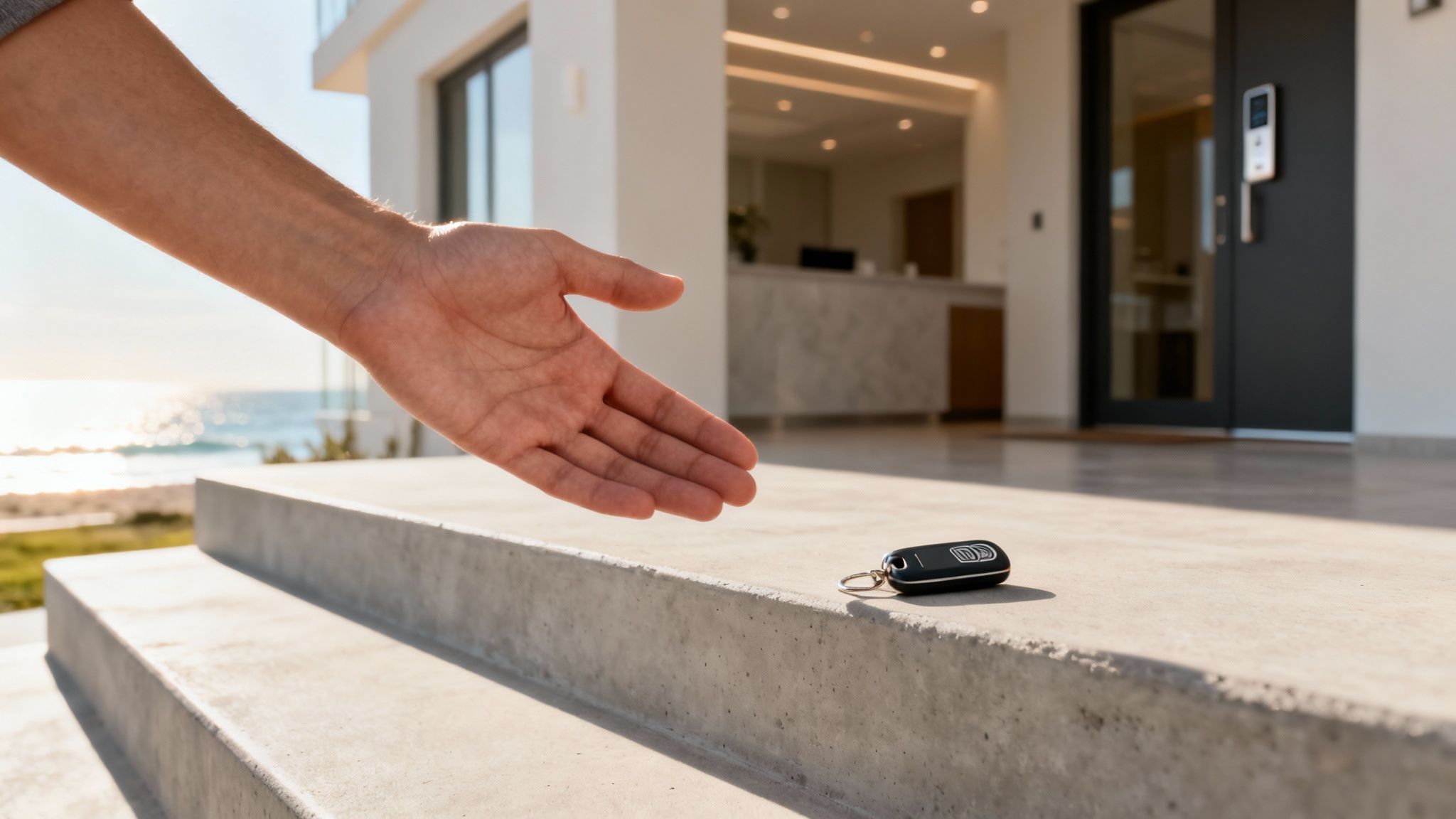 A person's hand reaching for a black key fob on concrete steps of a modern building with an ocean view.