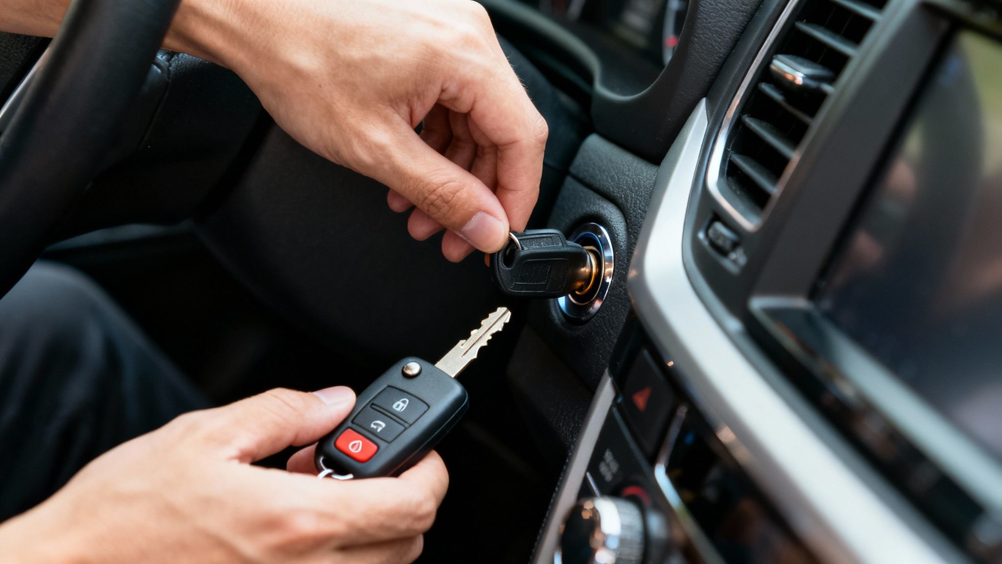 A person's hands inserting a car key into the ignition while holding a remote key fob.