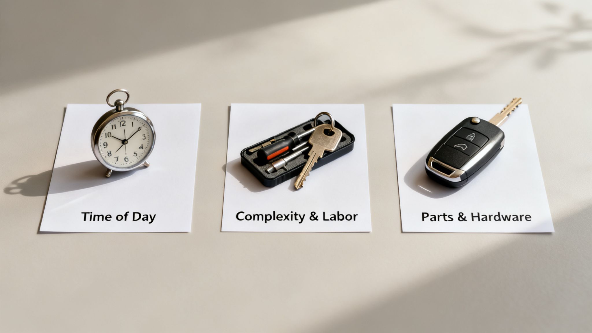 Three cards illustrate locksmith cost factors: time of day with an alarm clock, complexity and labor with tools and a key, and parts and hardware with a car key.