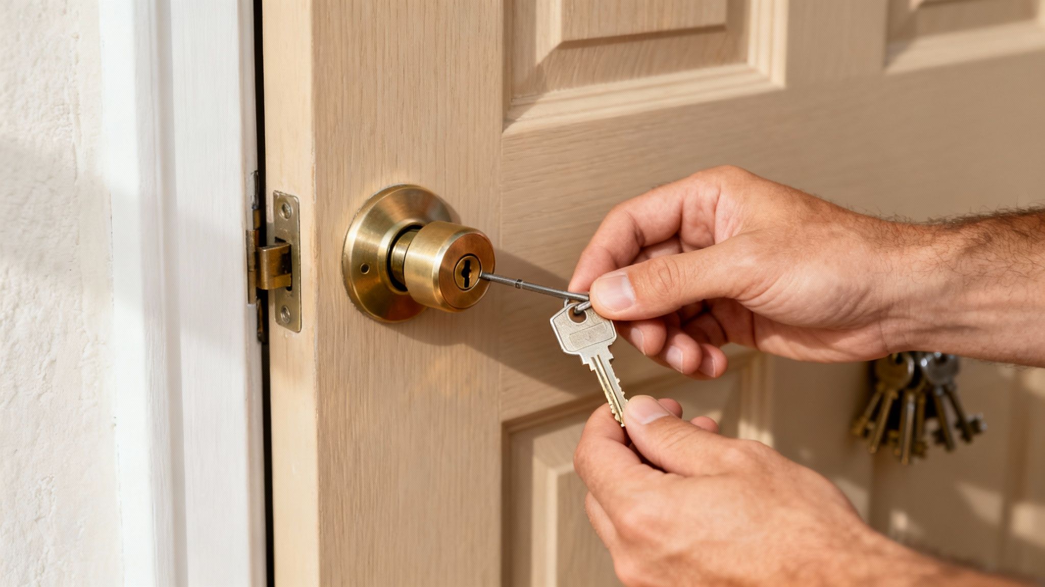 A close-up of hands rekeying a brass door lock with a key and rekeying tool.