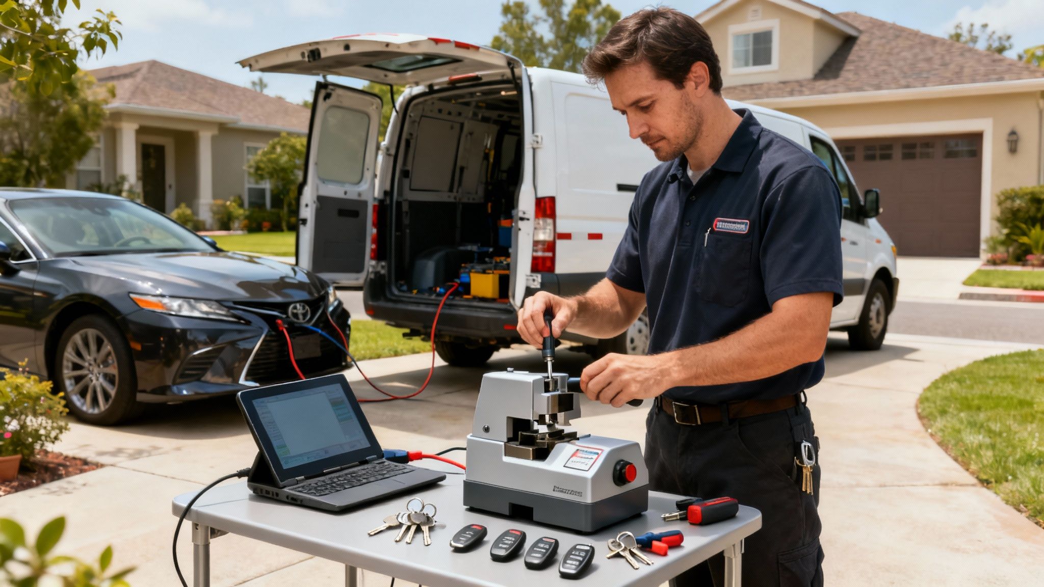 Mobile technician making a spare car key using a specialized machine and laptop on a driveway.