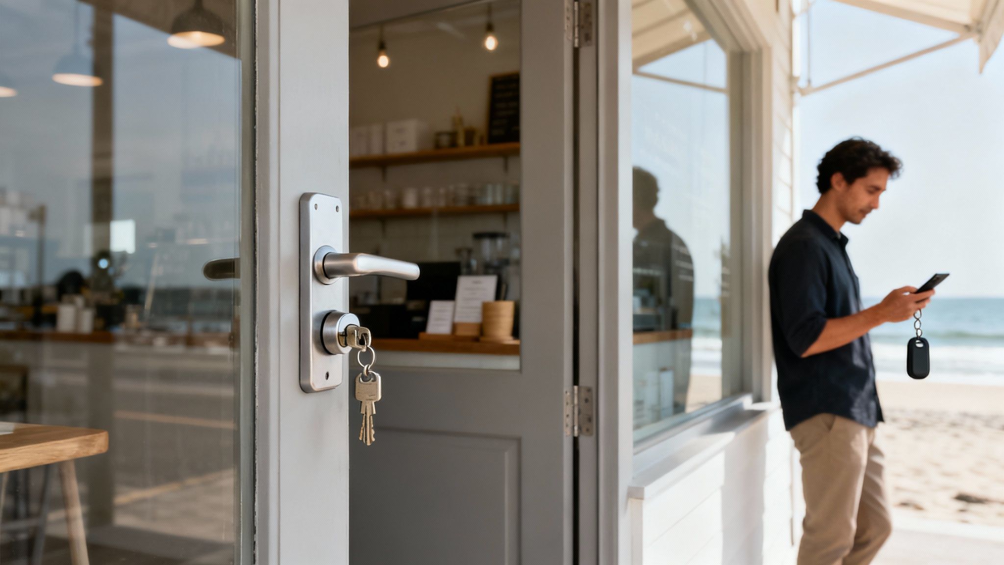 A man looks at his phone outside a commercial glass door with keys in the lock, overlooking a beach.
