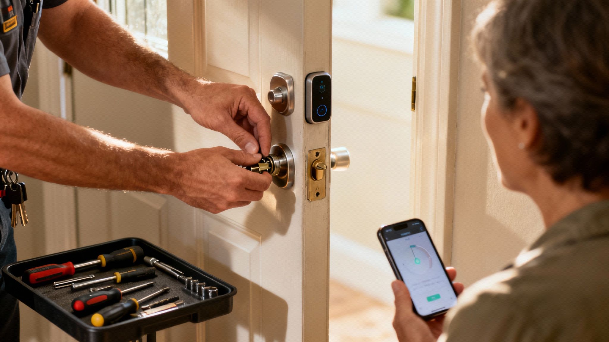 A technician installs a smart lock on a white door, as a customer monitors an app.