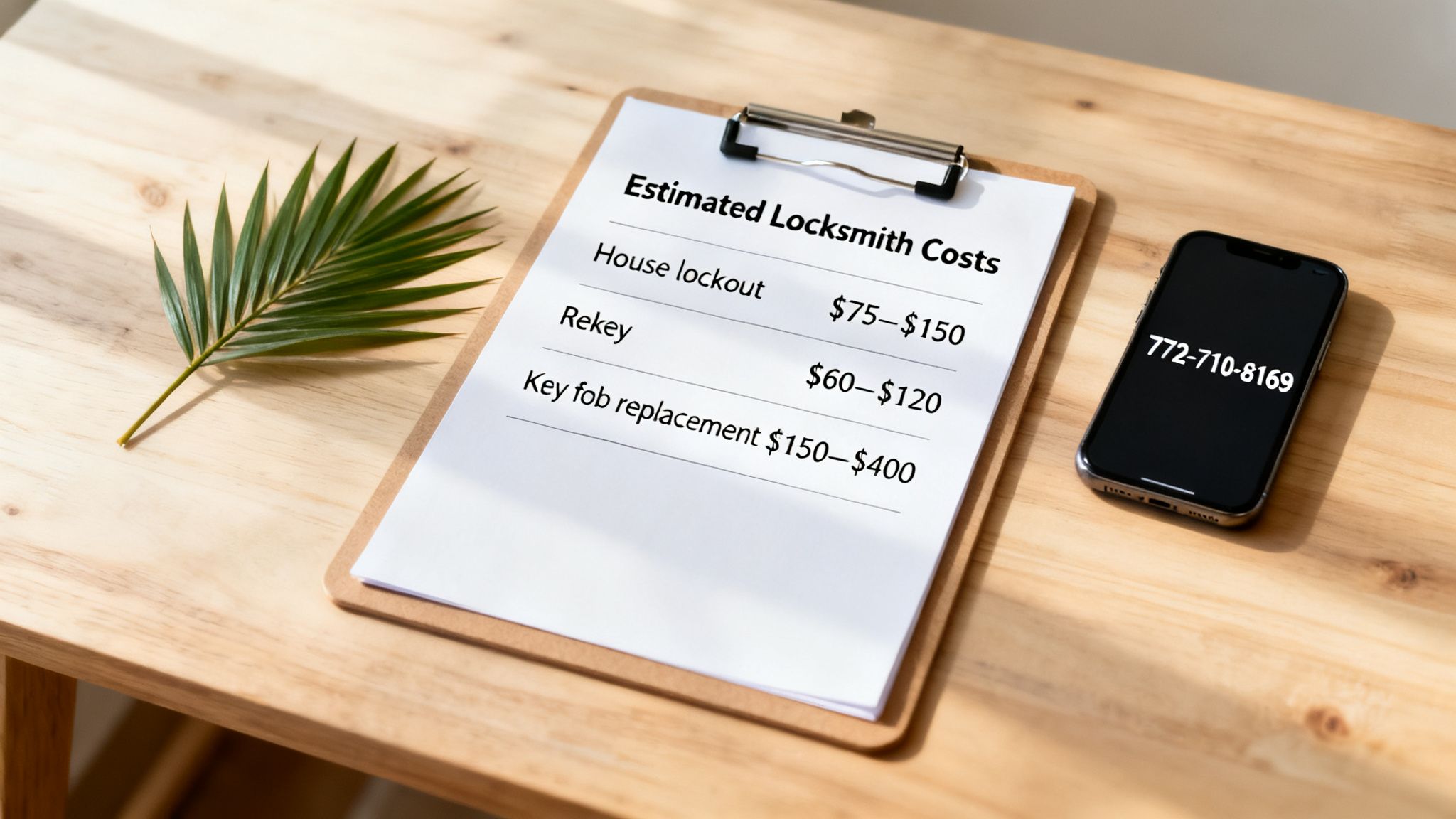 A clipboard with estimated locksmith costs for house lockout, rekey, and key fob replacement. A phone displays a contact number.