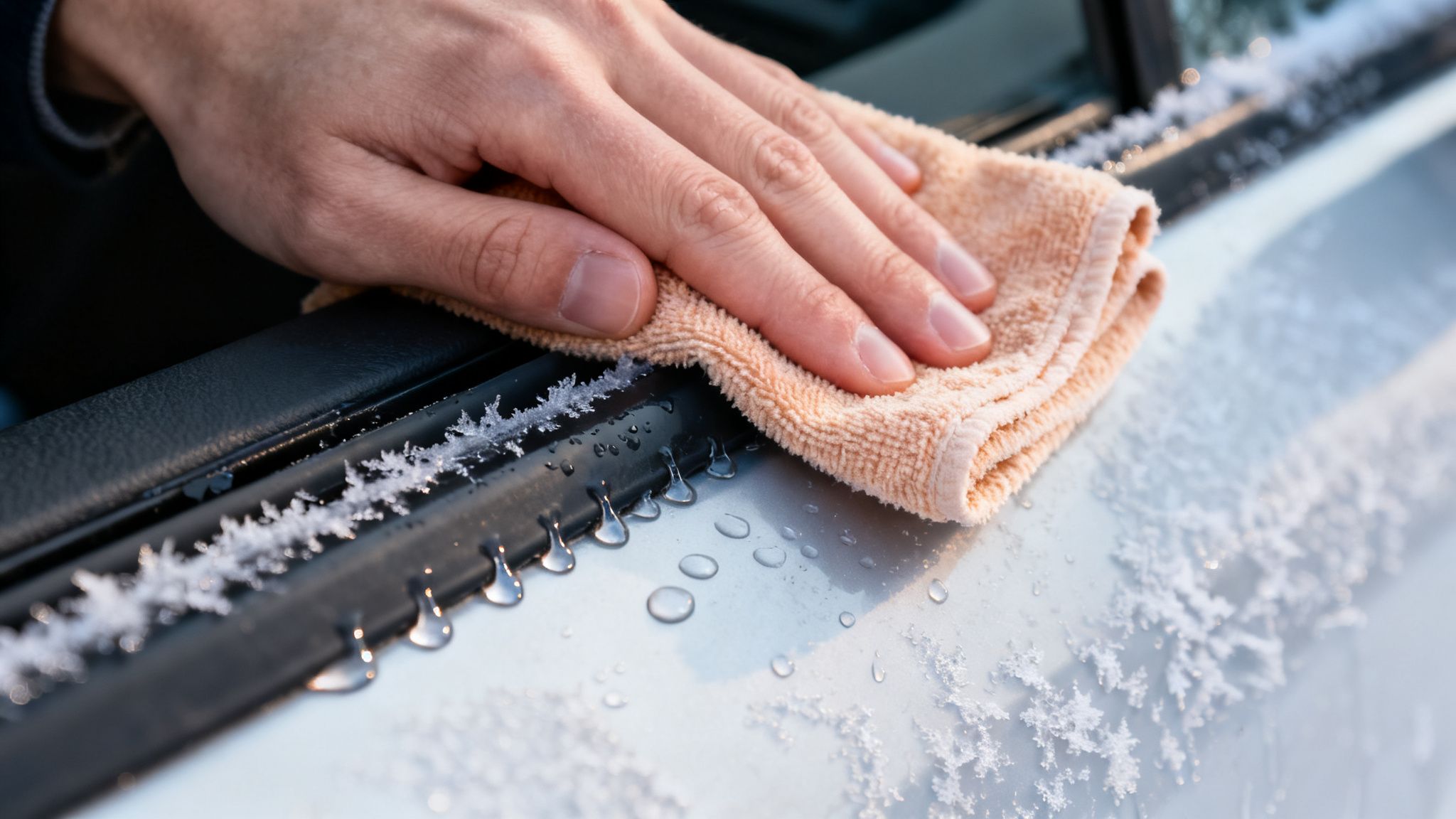 A hand uses a peach microfiber cloth to wipe frost and water from a car door frame.