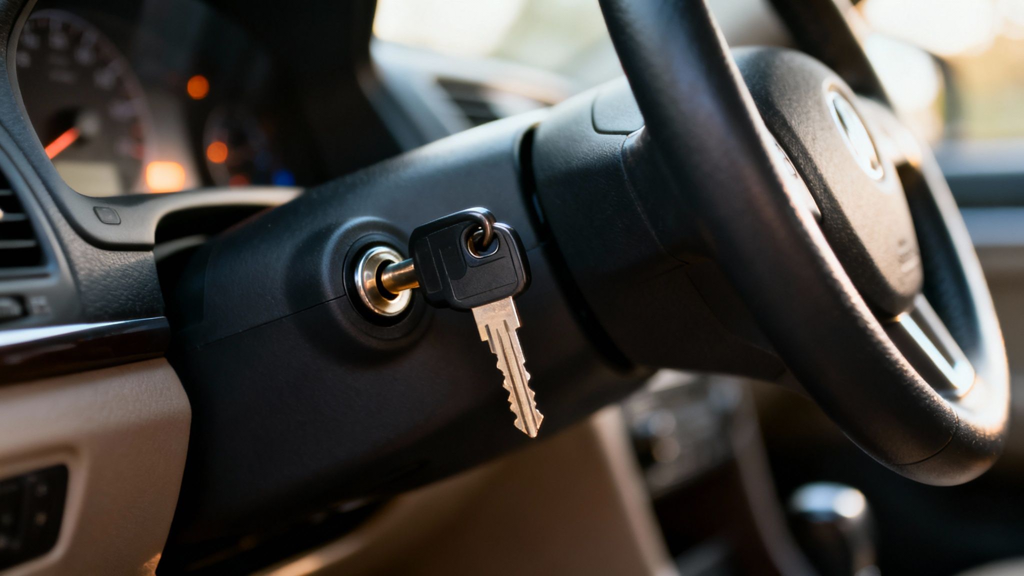 Car key in ignition switch, illuminated dashboard in background, ready to start vehicle.