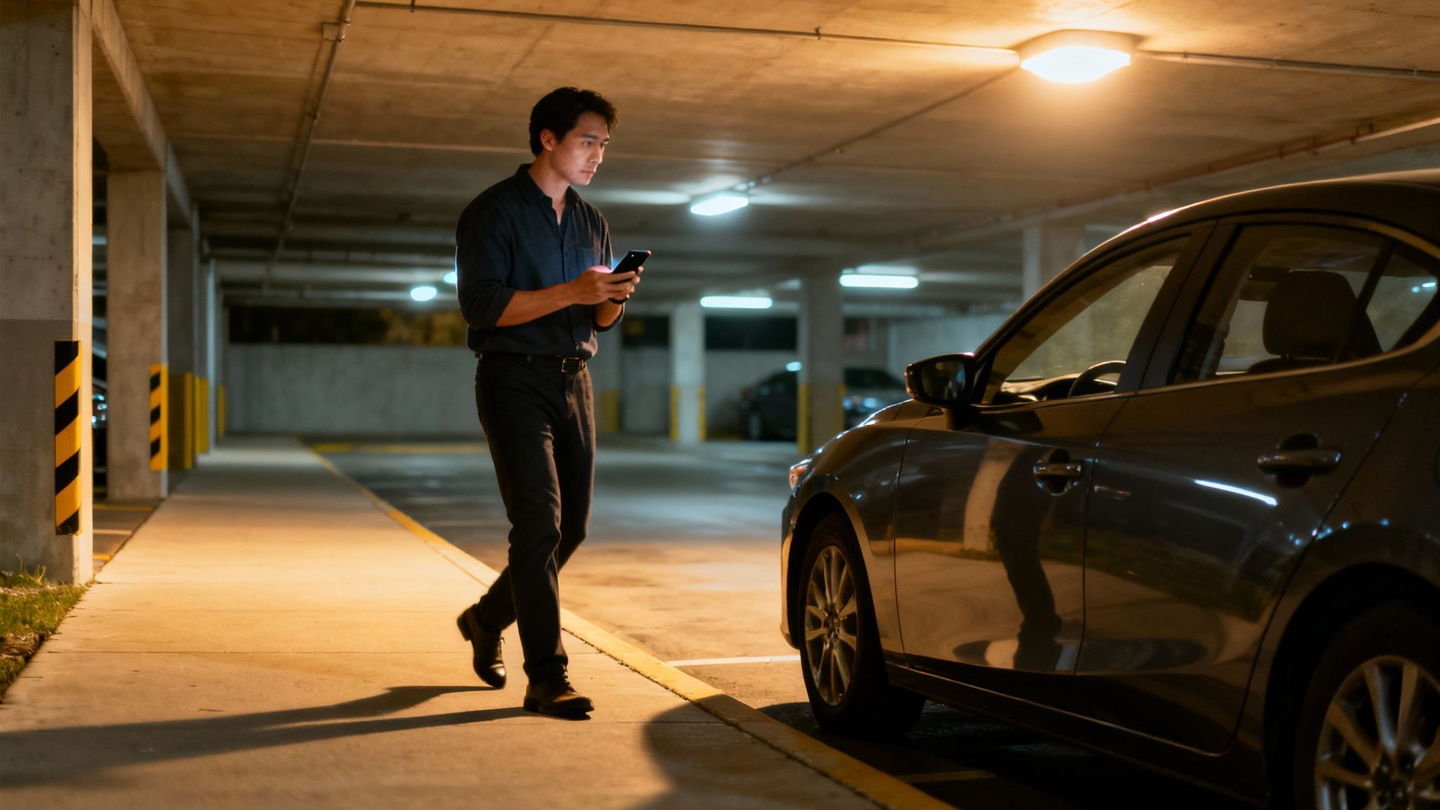 A man in a dark parking garage looking at his smartphone next to a parked car.
