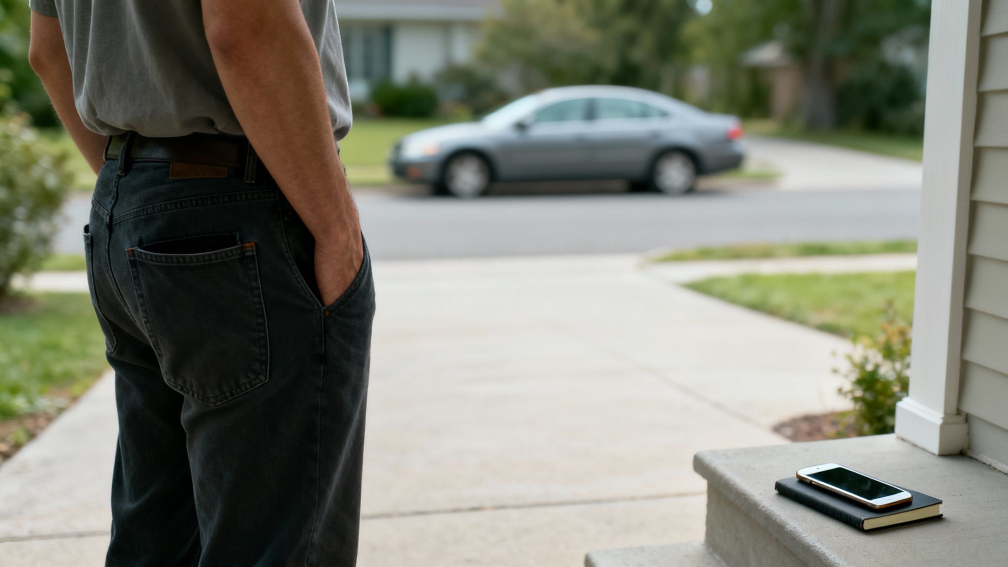 A person standing on a porch, hands in pockets, with a phone and notebook on the steps.