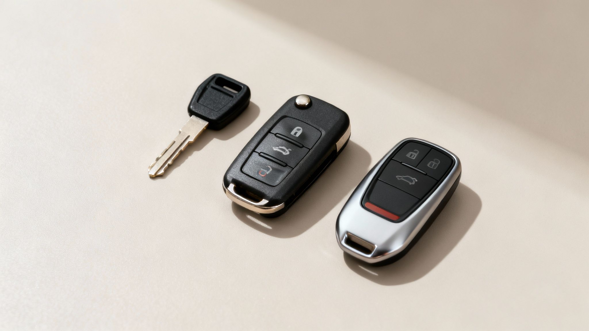 Three car keys, one traditional and two modern remote fobs, lying on a light-colored surface.